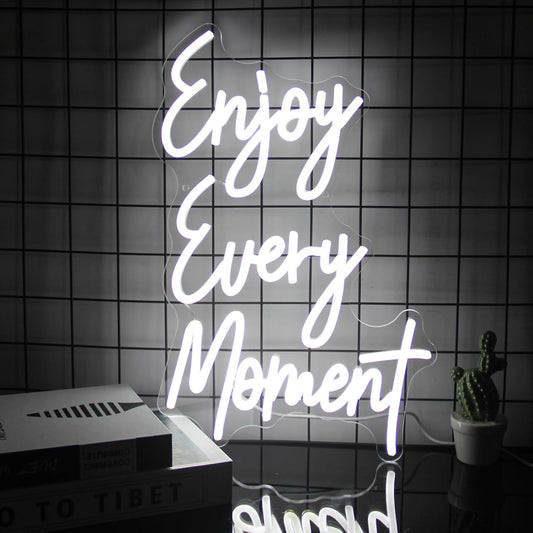 Enjoy Every Moment Neon Signs for Wall White Letter Neon Lights LED Letter Sign Dimmable Words Light Up Signs for Bedroom Bar Restaurant Salon Party Decor