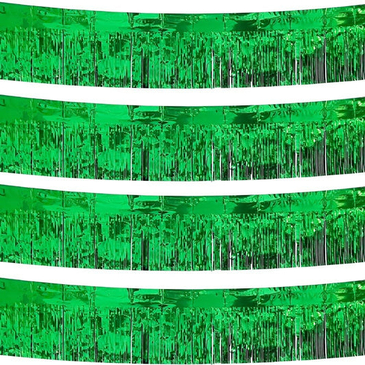 4 Pack Total 40 Feet Green Foil Fringe Garland Metallic Wall Hanging Drapes Tassel Skirting Tinsel Streamers Decorations for Parade Float Trailer Mardi Gras Party Birthday St. Patrick's Day