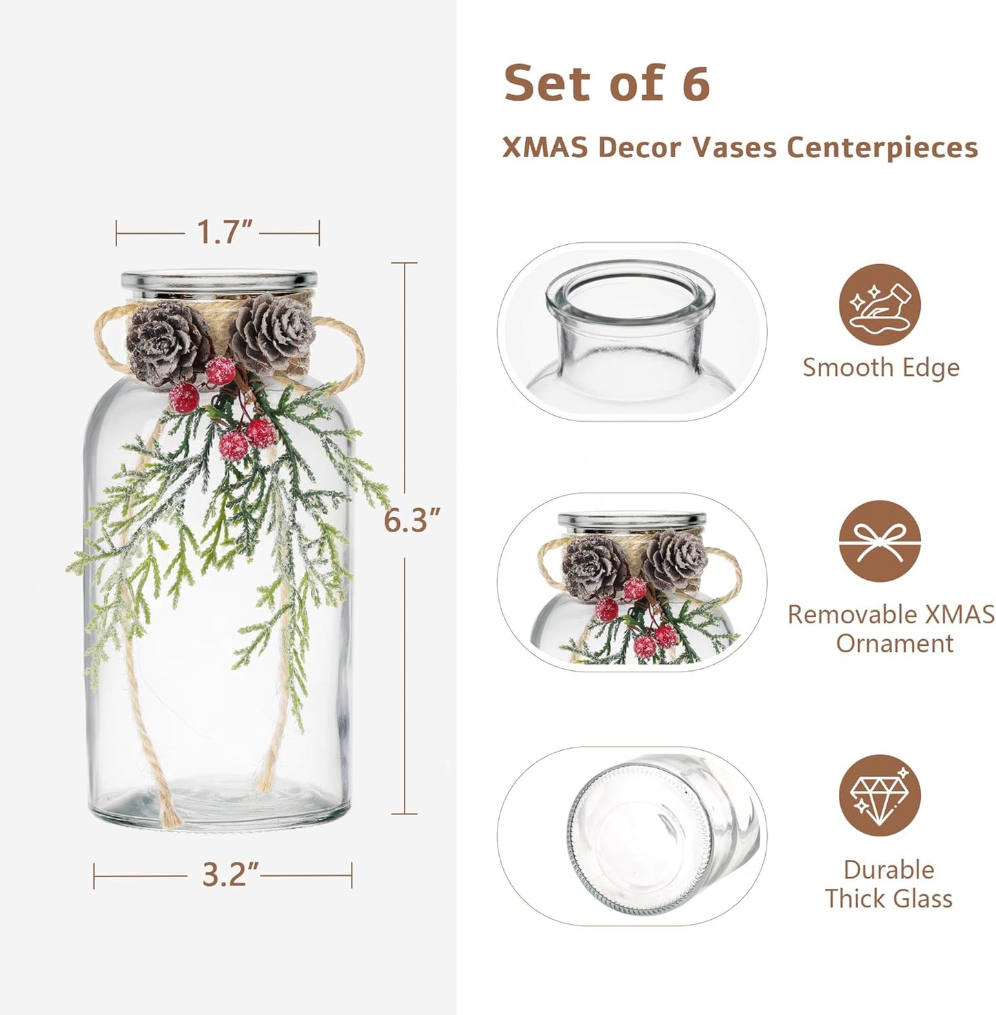 Set of 6 Xmas Decor Vases Christmas Centerpieces for Tables Farmhouse Holiday Table Decor Clear Glass Vases with Twine Ties for Christmas Decorations