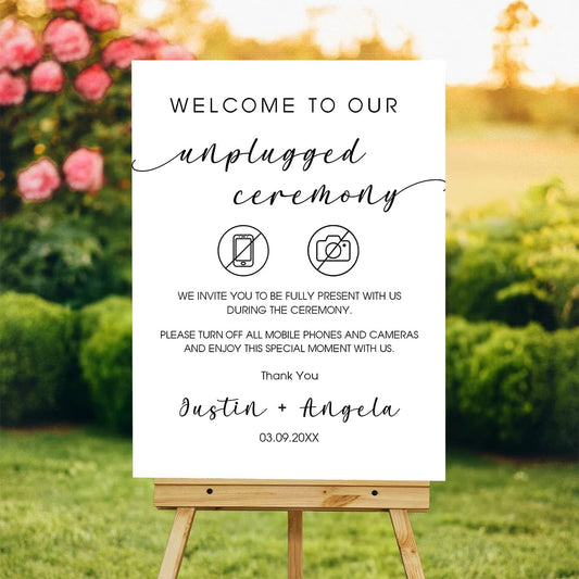 Wedding Unplugged Ceremony Yard Sign – No Phones or Cameras Icon – Outdoor Sign Personalized – Acrylic or Corrugated