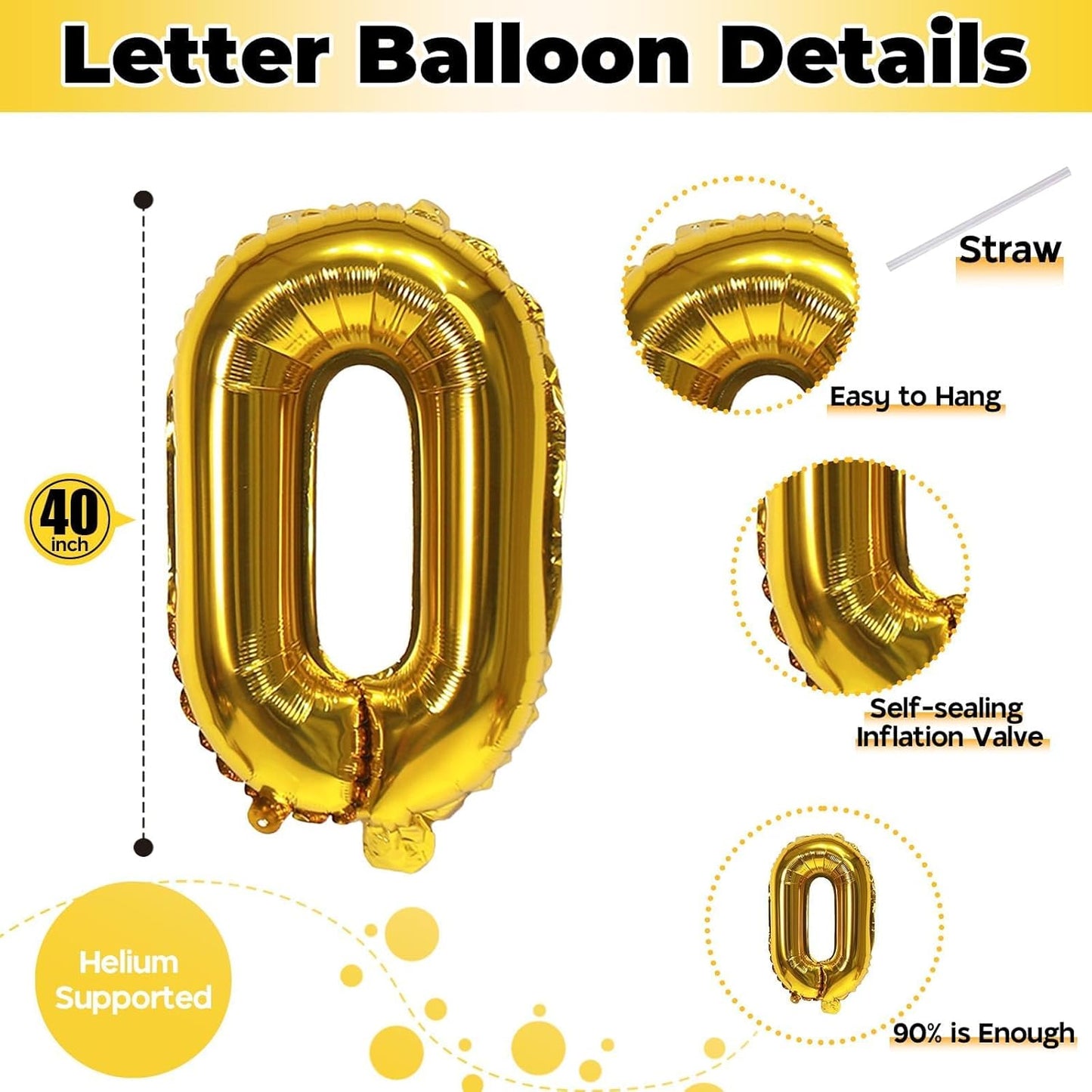 Foil Letter Balloons 40 Inch, Giant Alphabet O Customize Balloons, Large Self Inflating Name Balloon Letters Gold Decor, Helium Custom Letter Balloons for Women Birthday Party Decoration Supplies