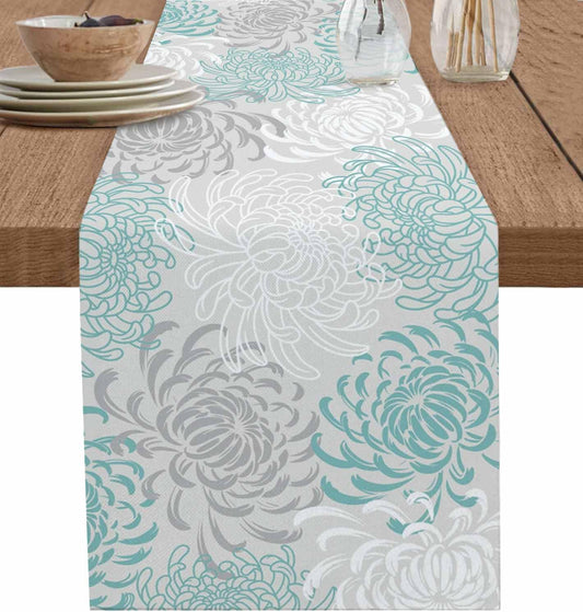 Auqa Chrysanthemum Cotton Linen Table Runner for Dining Kitchen, Wedding Outdoor Party Tablerunners Decoration, Farmhouse Floral Botanical Leaves Dresser Scarf Coffee Tablecloth Runners 13x108 Inches