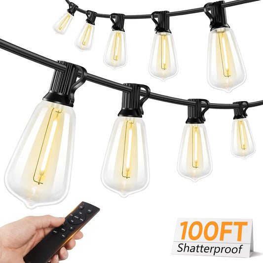 Brightever LED Outdoor String Lights with Remote, 100FT Commercial Grade Waterproof Outdoor Patio Lights, 30+2 ST38 Dimmable Edison Bulbs, 2700K Warm White Rope Light for Outside, Low Voltage 24V