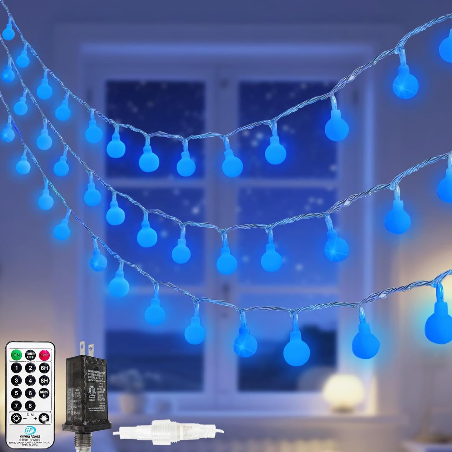100LED Blue Connectable String Lights Indoor Outdoor for Bedroom, 43ft Christmas Lights with Remote & Timer, Plug in 8 Modes Waterproof Globe Fairy Light for Christmas Decor Room Classroom Wedding