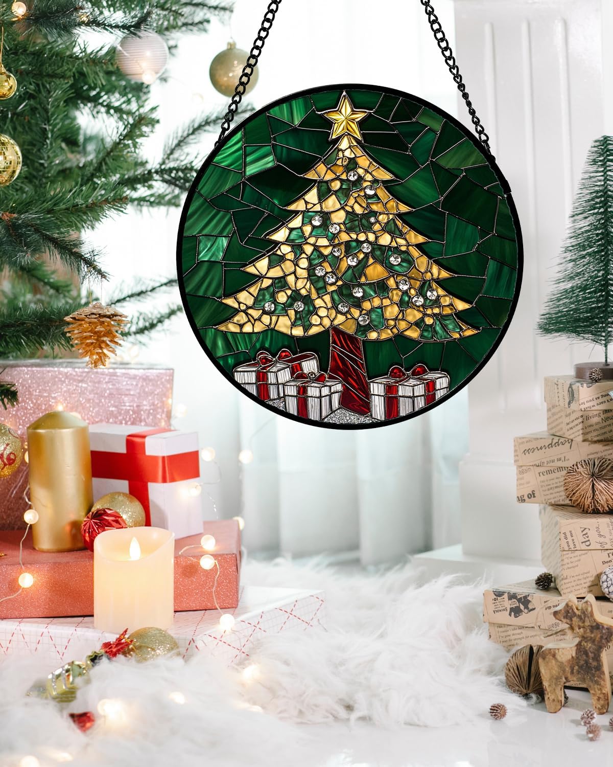 Stained Glass Window Hanging - Gold Green Christmas Tree Suncatcher for Doors Home Christmas Decoration Winter Sun Catcher Thanksgiving New Year Birthday Gifts for Women Men Mom Nana 7.8 in