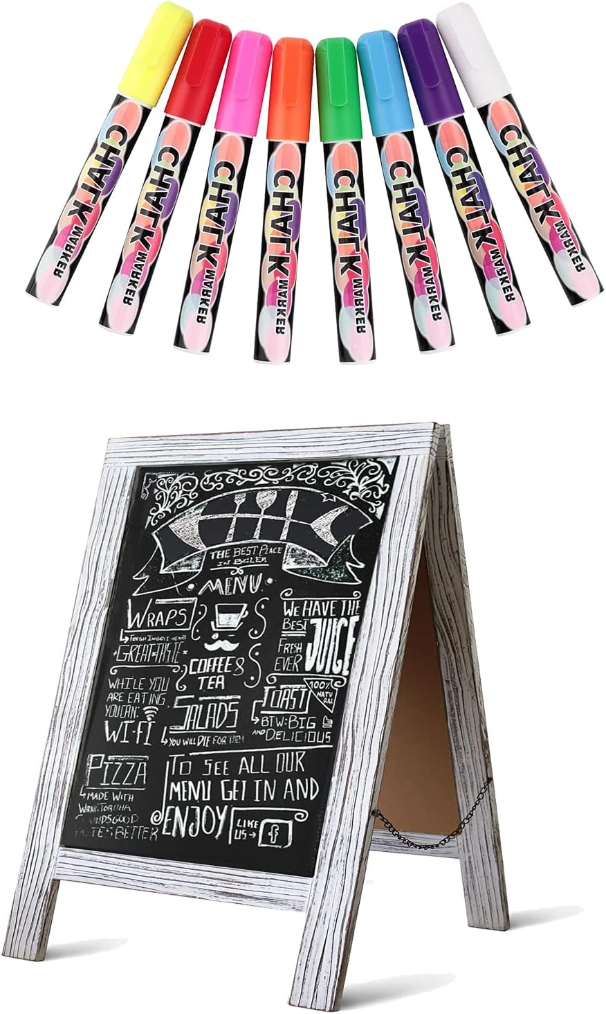 Rustic Whitewash Double Sided Chalkboard, 7.5"*8.6" Tabletop Stand, Small Countertop Chalkboard Easel with 8Pcs Liquid Chalk for Menu, Kitchen, Restaurants, Bar, Wedding and Home Decor