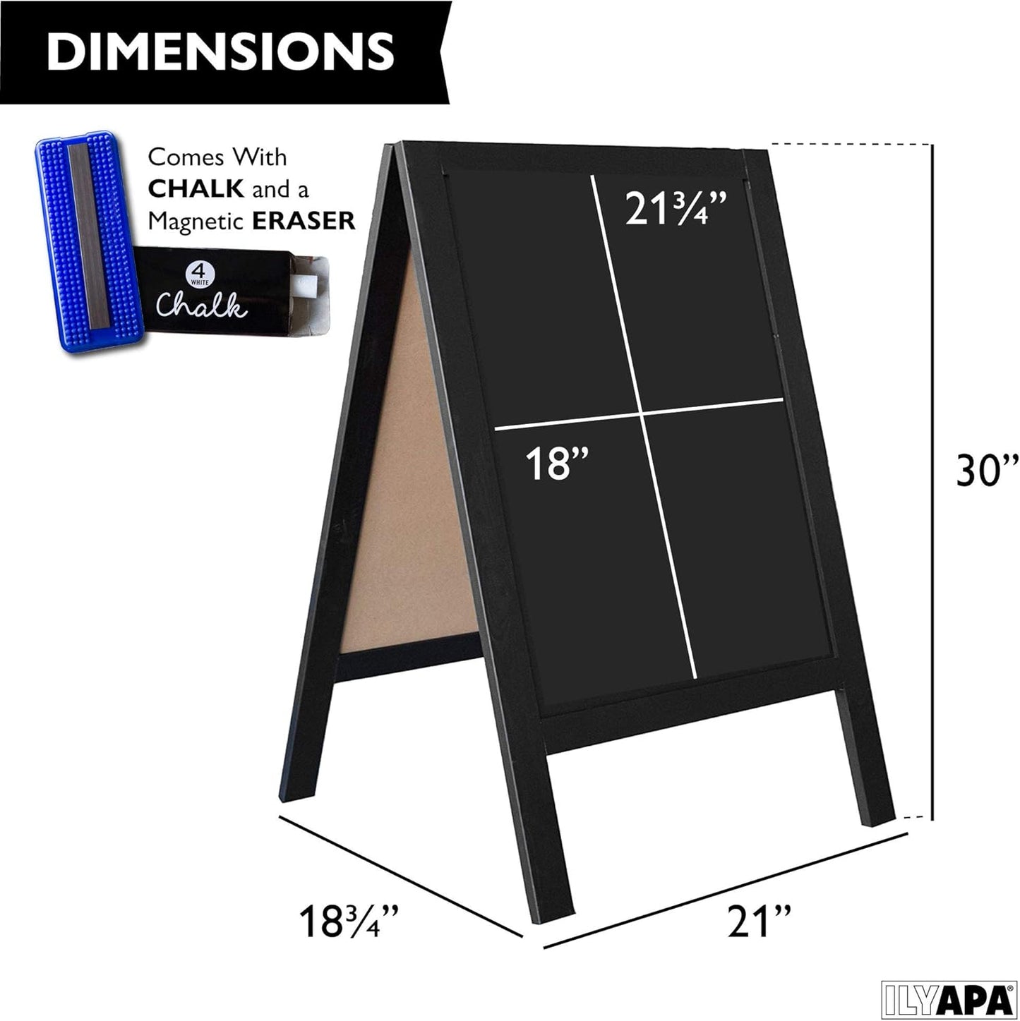 Ilyapa Wooden A-Frame Sign with Eraser & Chalk - 21 x 30 Inches Magnetic Sidewalk Chalkboard – Black Menu Display for Restaurant, Business or Wedding