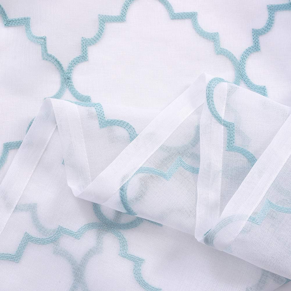 Embroidery Sheer Curtains Blue 95 Inches Long, Window Treatments Rod Pocket Drapes for Living room, Bedroom, Moroccan Design Crinkle Voile Curtain Panels for Yard, Villa, Parlor, Set of 2, 52"x 95".