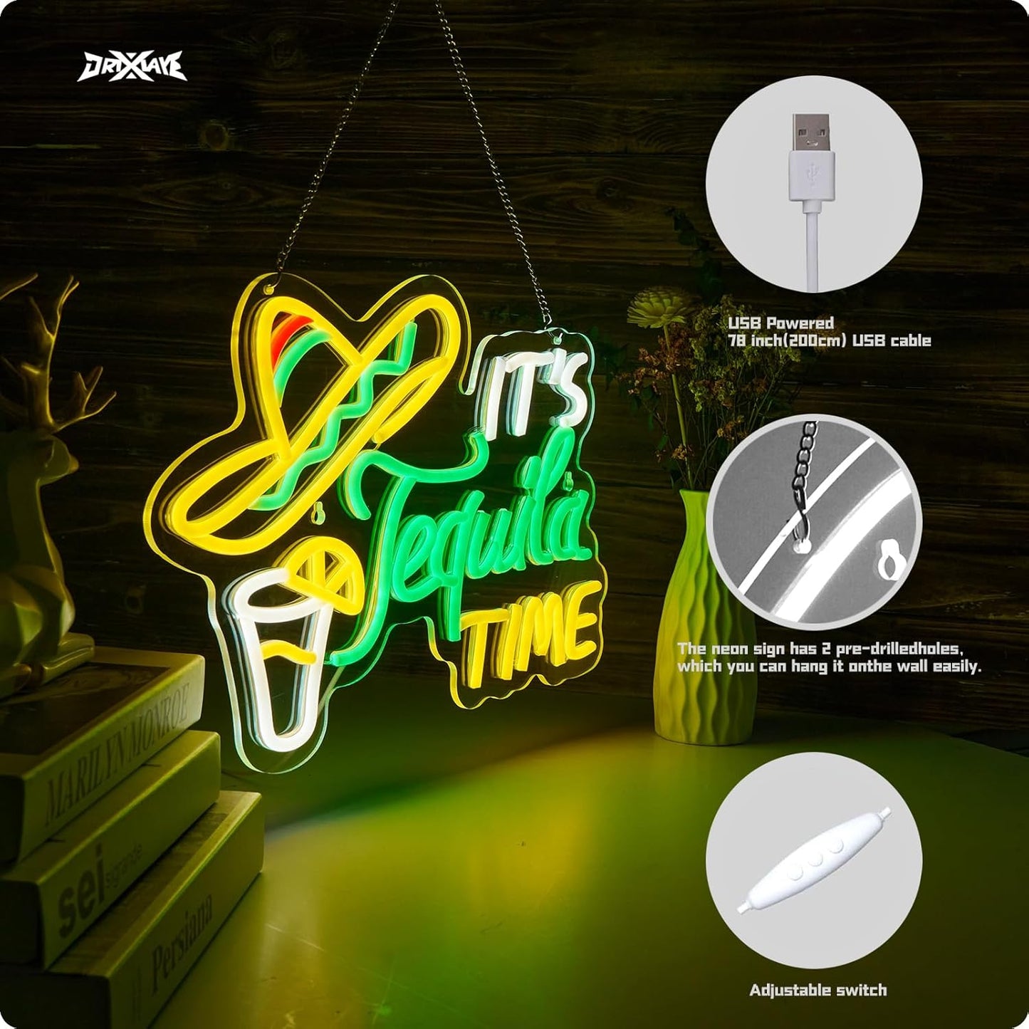 Tequila Neon Sign Mexican Tequila LED Neon Light USB Powered Dimmable Man Cave Cafe Bistro Club Party Beer Bar Restaurant Decor(16.3x11.2 Inch)