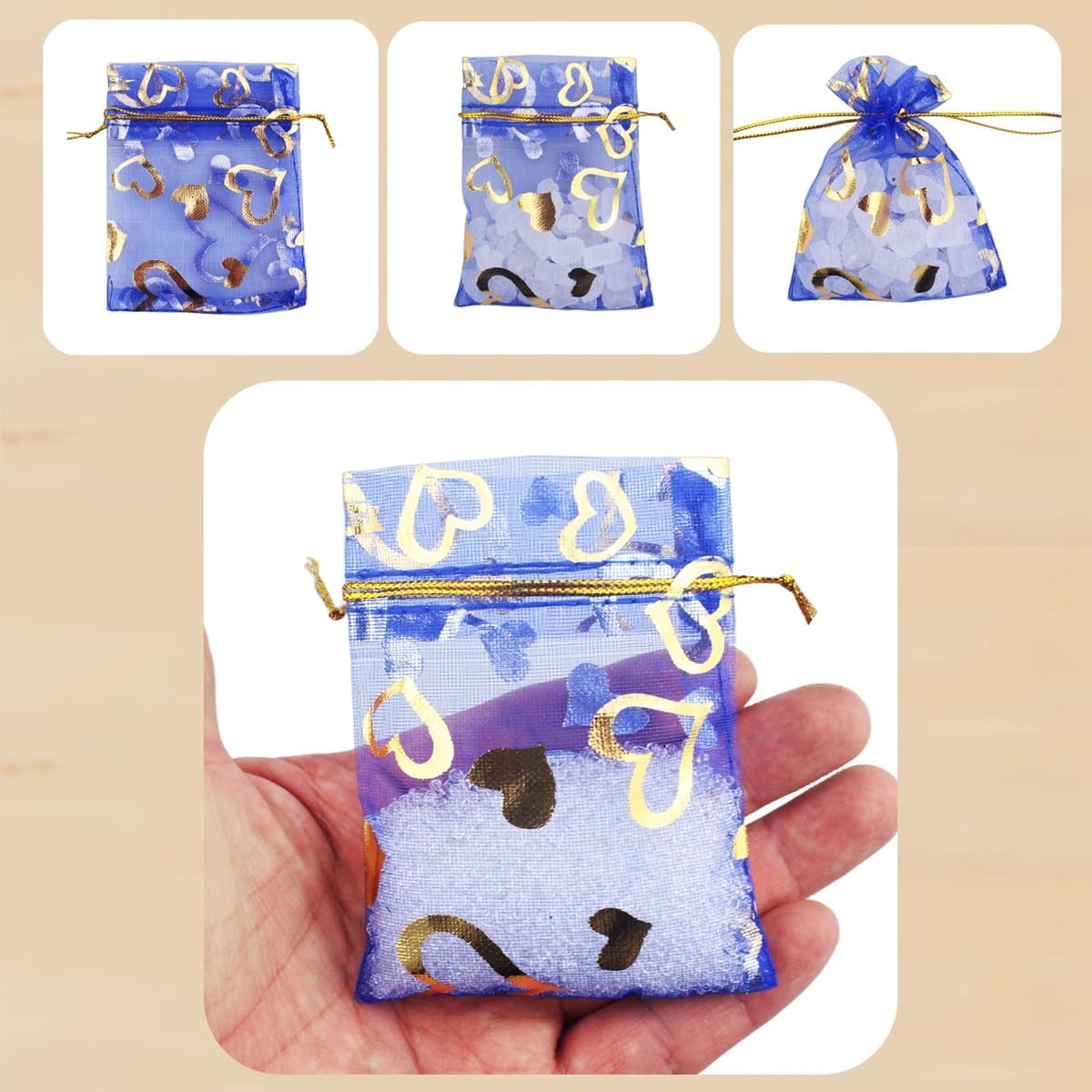 100 Pack 2.8 x 3.5 Inch Flower Heart Organza Jewelry Gift Pouch Candy Pouch Drawstring Wedding Favor Bags B511S (royalblue gold heart)