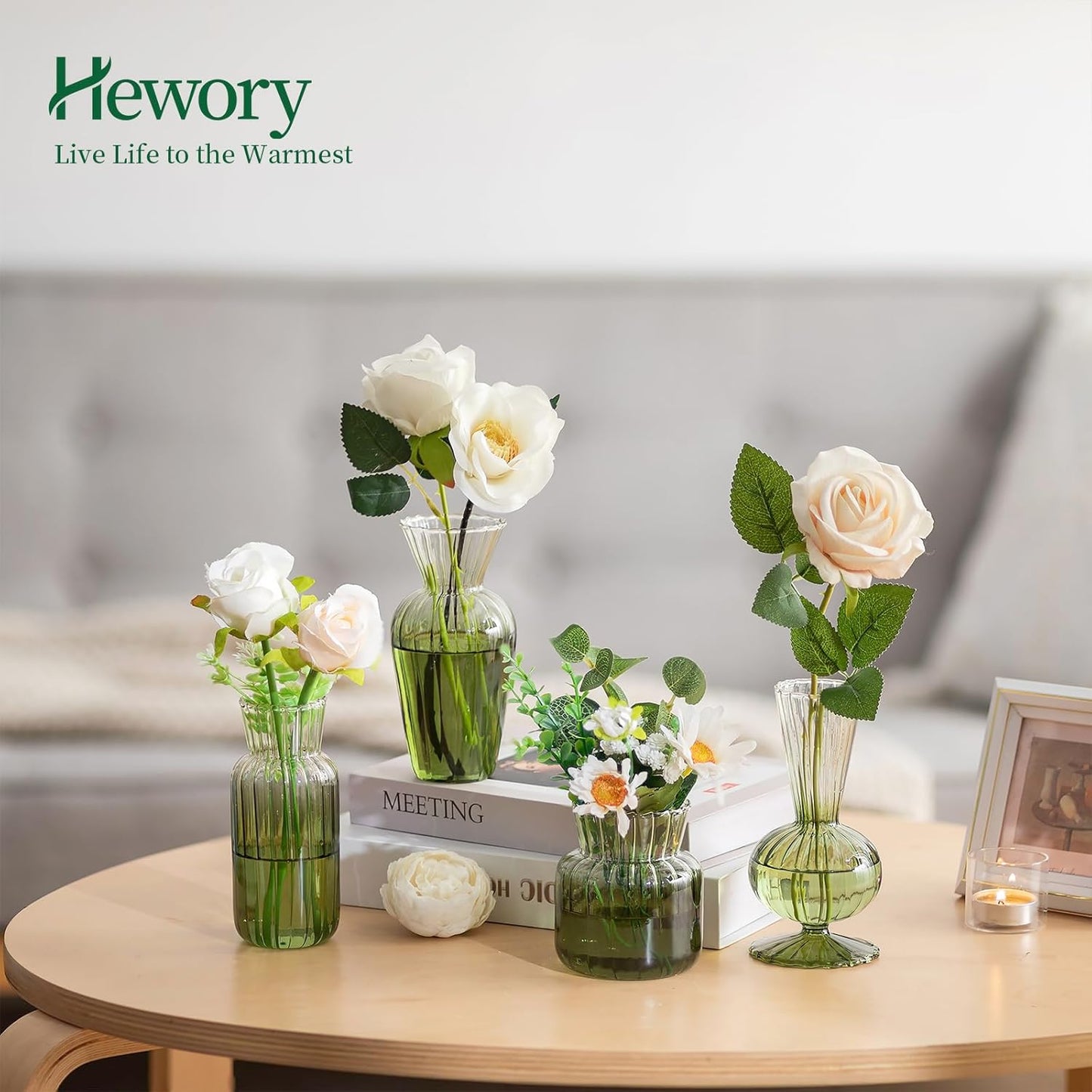 Hewory Small Ribbed Glass Bud Vases Set of 8 Green Flower Vase Centerpieces - Modern Minimalist Cute Mini Decorative Bulk Vases for Wedding Bridal Shower Birthday Party Events Dining Room Table Decor