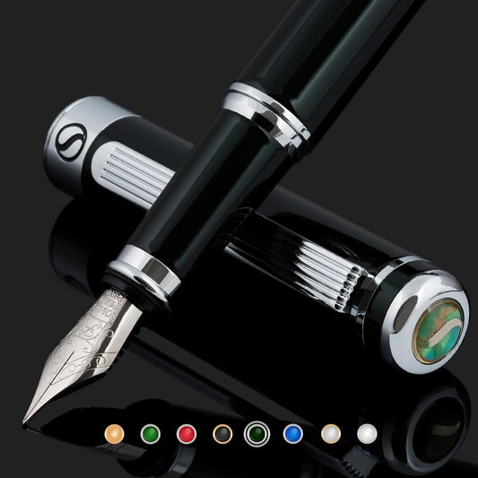 Scriveiner Black Green Fountain Pen - Stunning Luxury Pen with Chrome Finish, Schmidt Nib (Fine), Best Pen Gift Set for Men & Women, Professional, Executive, Office, Nice Pens