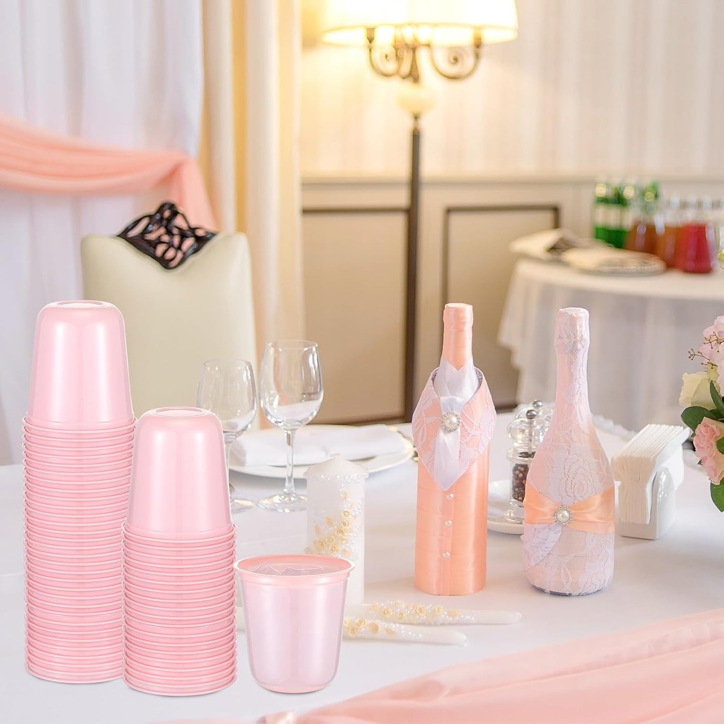 50pcs Disposable Stemless Glasses 12oz Crystal Plastic Wine Glasses Clear Classic Pet Cup for Meeting Weddings Birthdays Cocktail Christmas Party Supplies (Pure Pink)