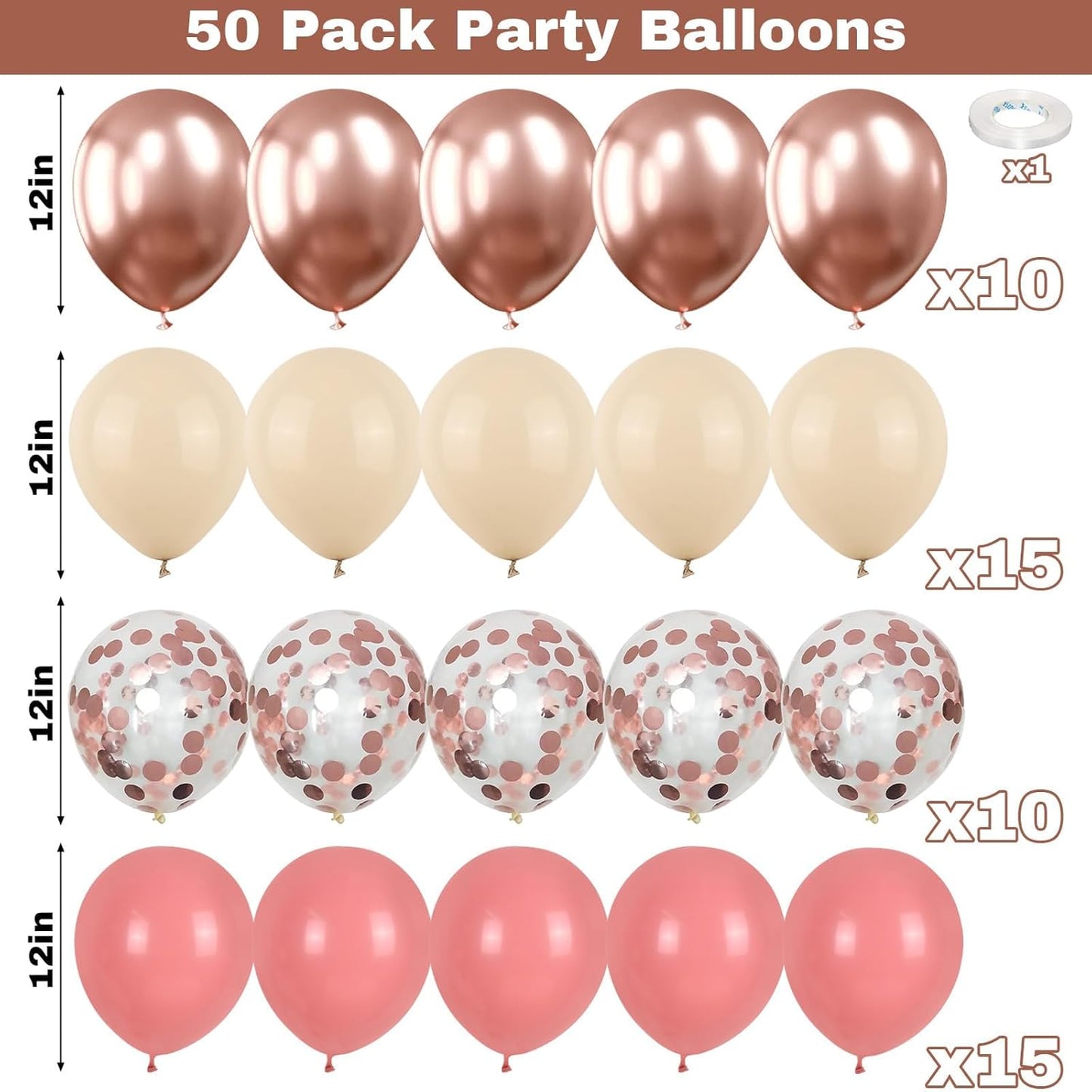 Dusty Blush Pink Balloons, Retro Pink Metallic Chrome Rose Gold Confetti White Sand Nude Balloon Dusty Rose Apricot Beige Party Balloons for Birthday Boho Mothers Day Baby Shower Decorations
