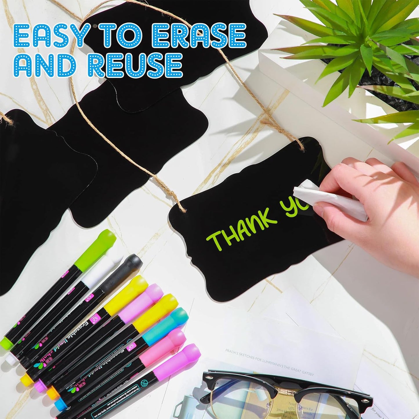 12 Pcs 4 x 6 Acrylic Chalkboard Hanging Sign with Chalk Markers Chalk Board Signs with Hanging String for Wedding Kitchen Home Party Decoration (Bracket)