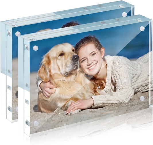 TWING 2 Pack Picture Frames Acrylic 4 x 6, Horizontal Magnet Double Sided 4x6 Picture Frame, 10+10MM Thick Clear Frameless Desktop Display Self Standing Magnetic Acrylic Block Photo Frame Gift Ideal