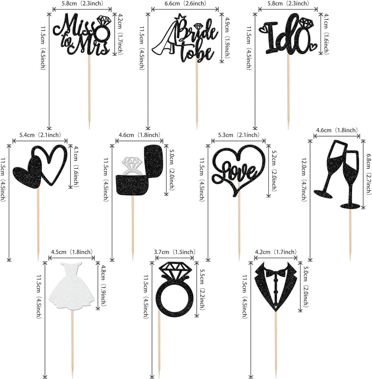 30 PCS Bride to Be Cupcake Toppers Glitter Miss to Mrs I Do Love Heart Ring Cupcake Picks Wedding Bridal Shower Cake Decorations for Wedding Engagement Bachelorette Party Supplies Black