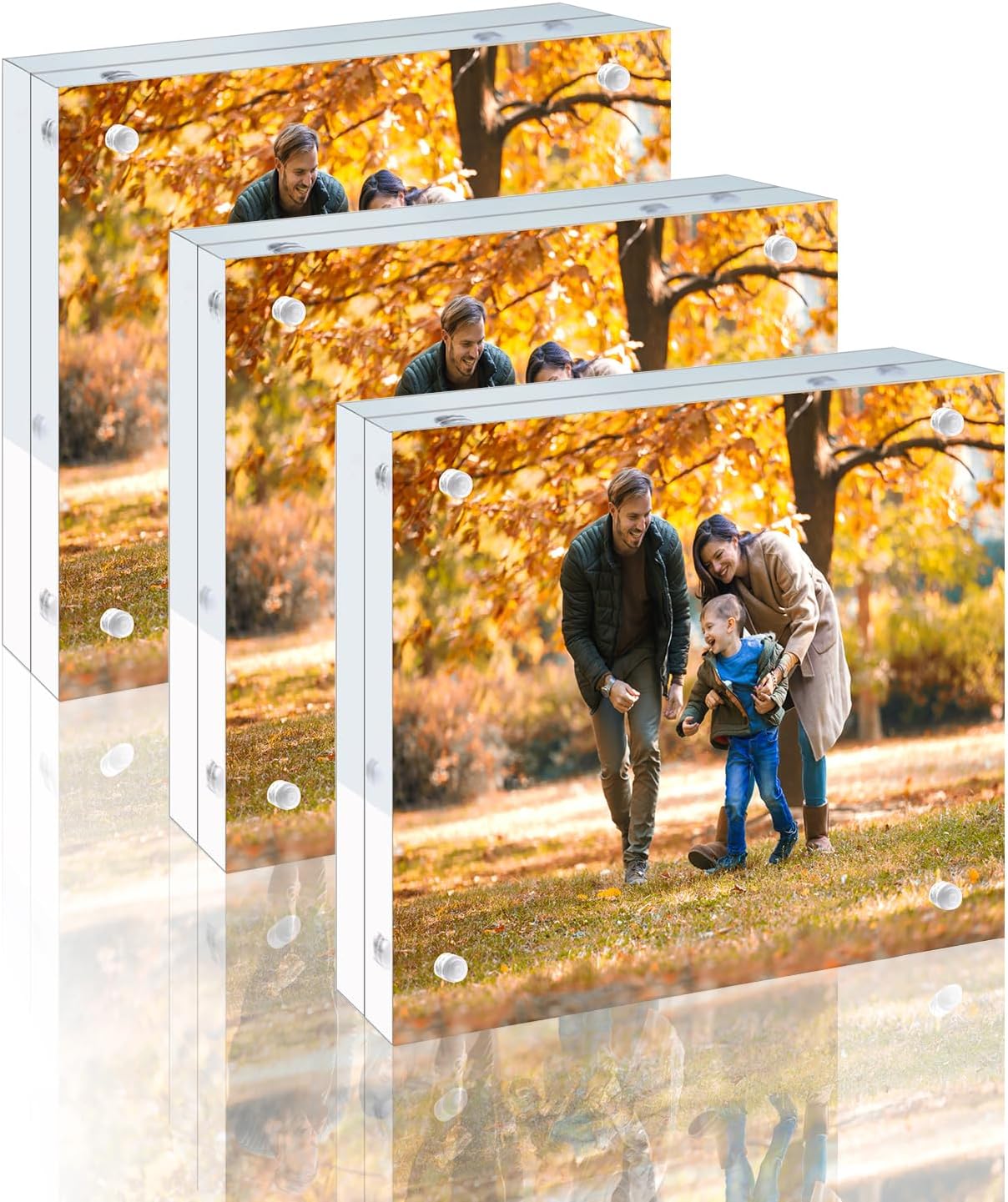 3 Pack 8x8 Acrylic Picture Frames - 20% Thicker Double Sided Magnetic Frame with UV Protection - Freestanding Clear Frameless Display for Tabletops - Modern Photo Frame Set for Home & Office Decor