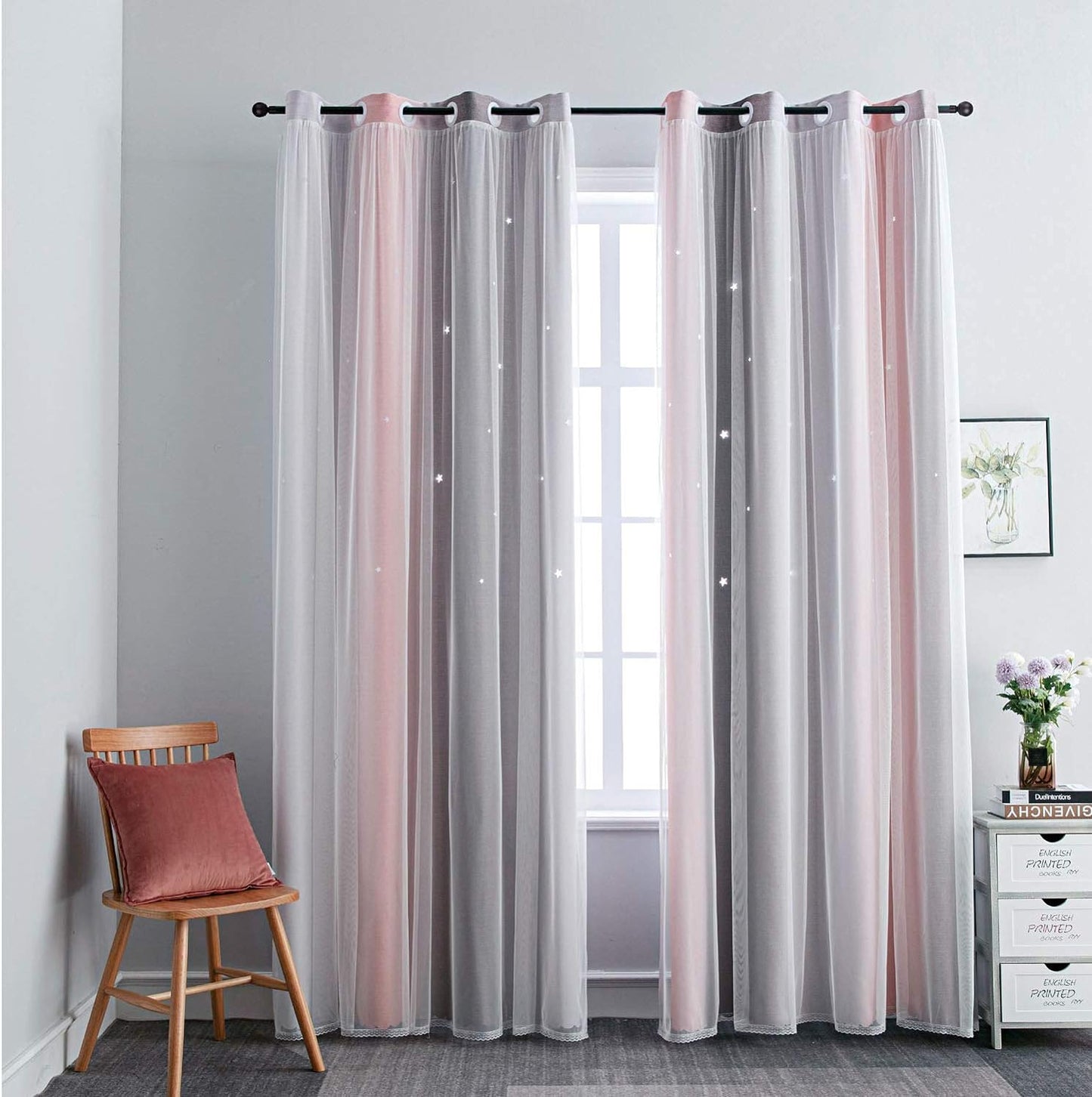 FANLI Ombre Rainbow Blackout Curtains for Kid Girls Bedroom Living Room Darking Stripe Double Layer Star Cut Out Wall Home Decor Gradient Grommet Window Curtains (Pink/Grey, 52W x 72L)