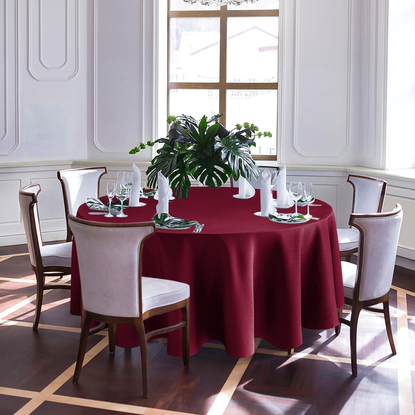 Biscaynebay Textured Fabric Christmas Round Table Cloth 90", Burgundy Water Resistant Washable Folding Table Cloths for Dining, Kitchen, Wedding & Parties Machine Washable