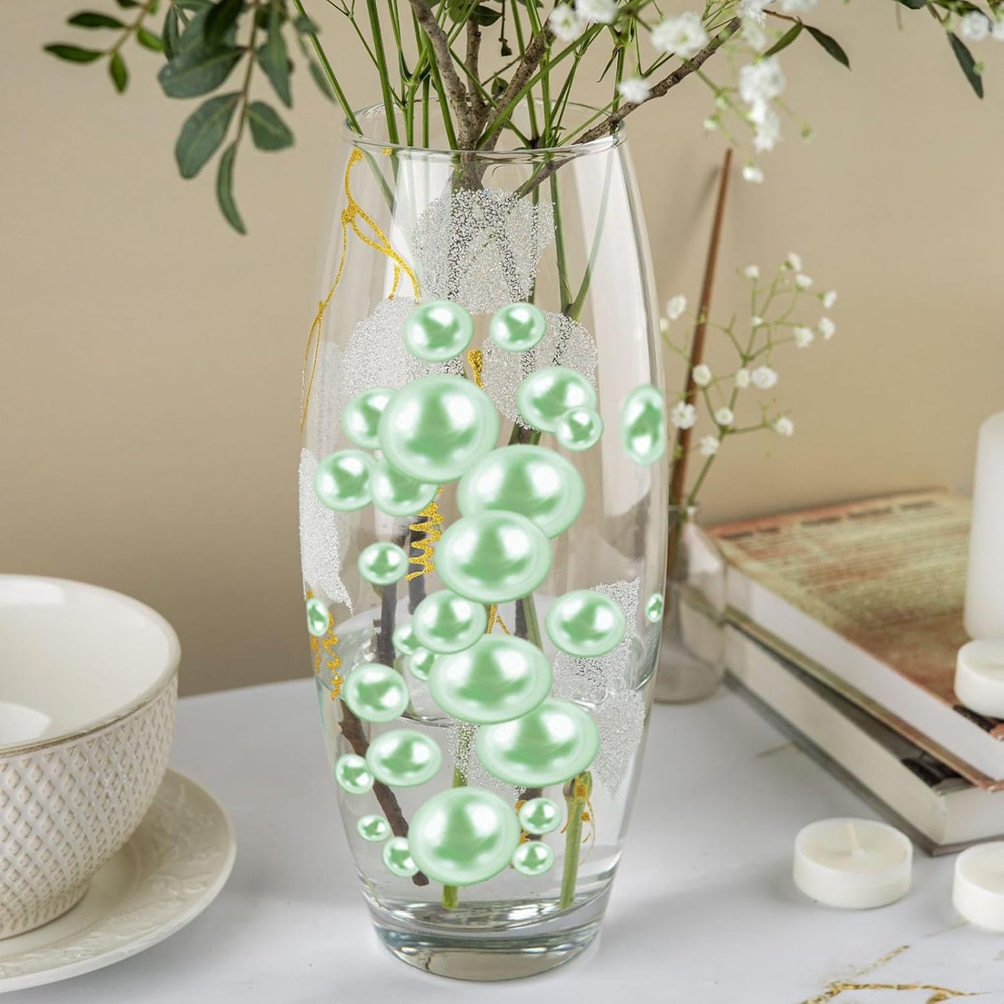 100PCS Faux Pearls Beads for Centerpiece Vases, Green Vase Filler Faux Pearls, No Holes Filler Beads for Mardi Gras St. Patrick's Day Party Wedding Table Decor, 14/20/30mm