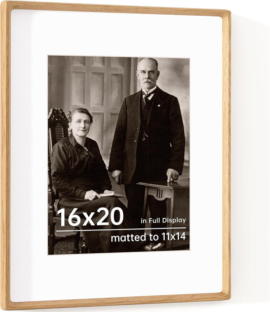 16x20 Frames USA-Sourced Natural Oak Wood Solid Wood Picture Frame Handcrafted Rounded Corner with Mat to 11x14 Display with Real Glass Family Picture, Wedding Picture