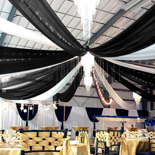 6 Panels Black Wedding Ceiling Drapes 5ftx30ft Ceiling Drapes Chiffon Fabric Arch Draping Sheer Curtains Soft Drapery Draping Wedding Ceiling Decorations for Party Ceremony Stage Swag