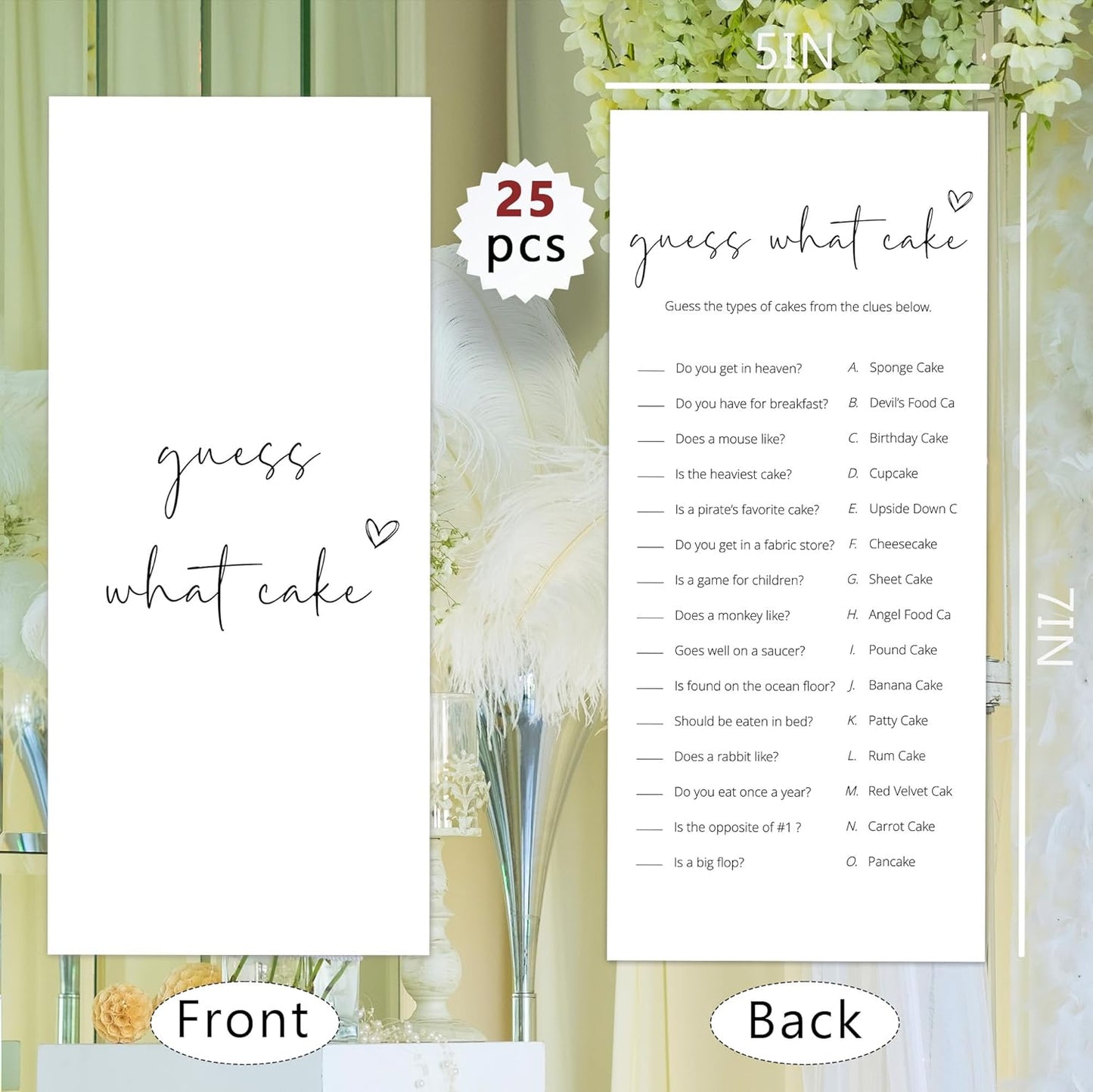Bridal Shower Games, What Cake, 25Pcs 4x9inch Minimalist White Double-Sided Bridal Game Cards with 1 Answer Key, Wedding Shower Games for Guests, Engagement Bachelorette Party Supplies - A03