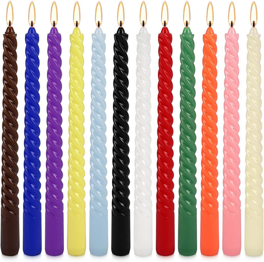 12-Pack 12-Color Spiral Taper Candles - 10 Inch Dripless & Long-Lasting Burn, Decorative Twisted Candles for Wedding, Birthday, Christmas, Home Decor, Party Supplies (Premium Wax, Unscented)