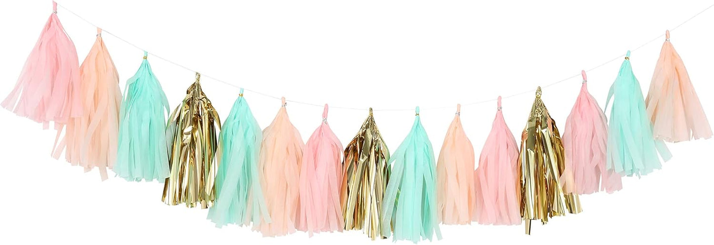Fonder Mols Tissue Paper Tassels, Pastel Peach Pink Mint Green Tassel Garland, Baby Shower Decoration, First Birthday Party, Shabby Chic Wedding Photo Backdrop A28