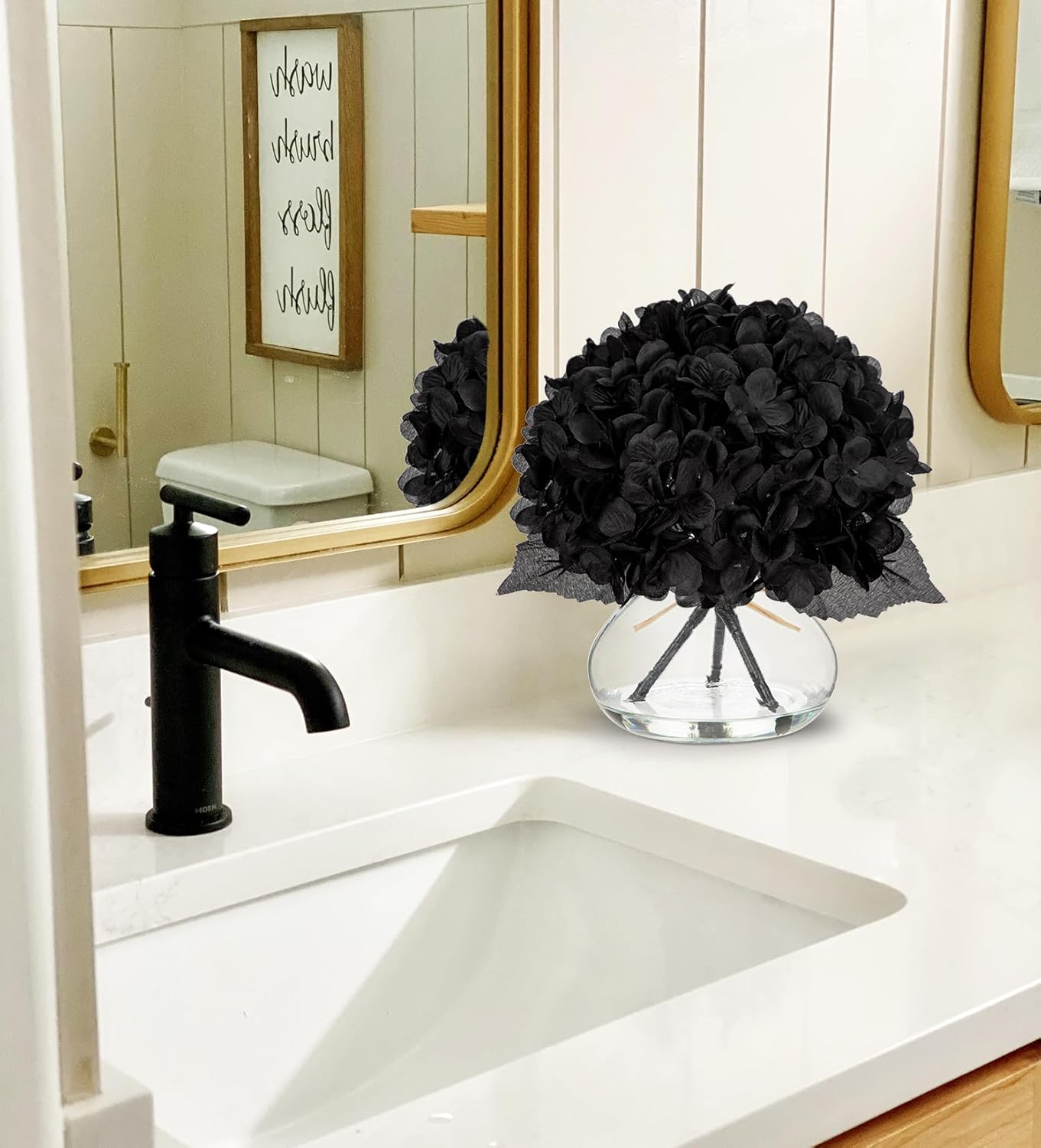Hollyone Hydrangea Fall Flowers Artificial for Decoration with Glass Vase Black Silk Faux Flowers Arrangements in Vase with Faux Water Fake Floral Bouquet Table Centerpiece Fall Decorations for Home