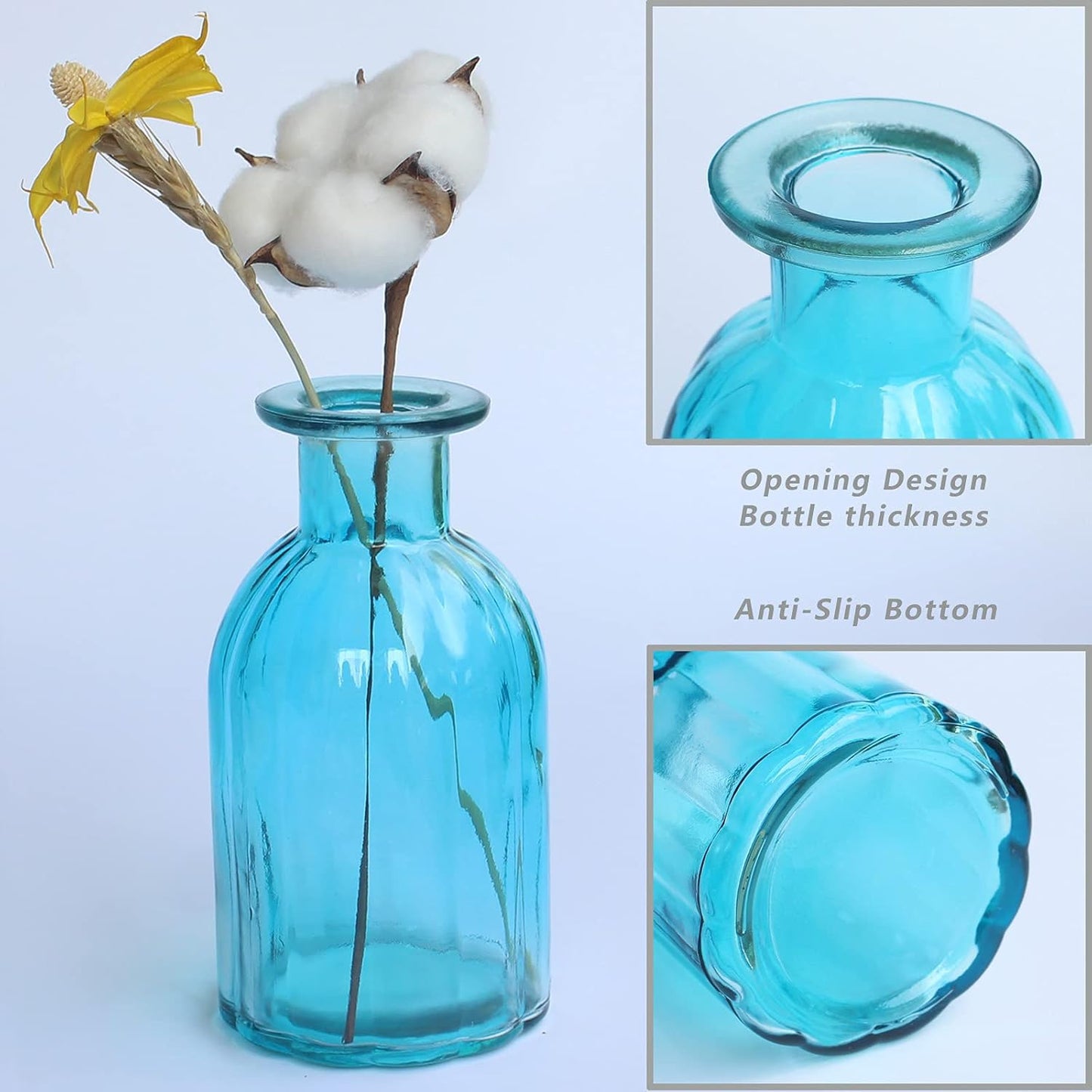 6 Sets Glass Bud Vase Small Vases for Flowers, Blue Vase Set for Centerpieces Home Decorative Mini Bud Vases in Bulk, Round Vintage Glass Bottles,2.85"X 5.4"