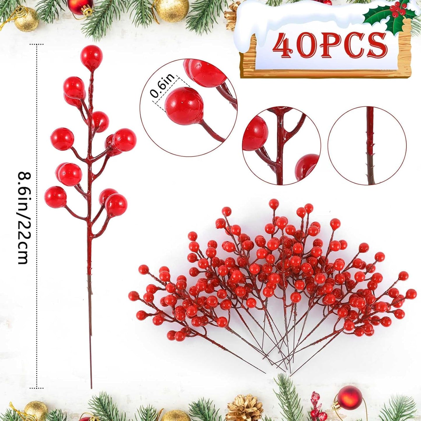 40 Pcs Artificial Berry Stems Branches, Red Christmas Faux Holly Berries Picks Ornaments for Christmas Tree Wreath DIY Craft Decorations Holiday Home Decor (40, Red)
