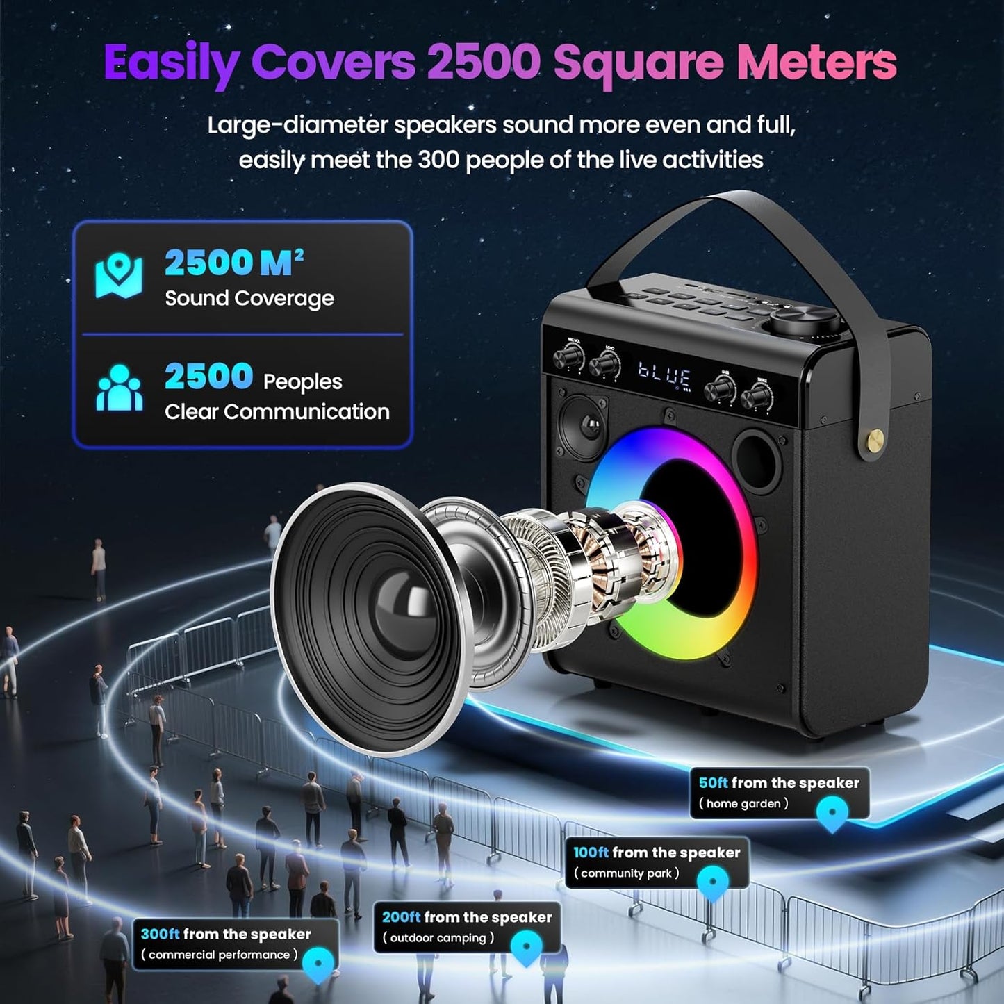 Karaoke Machine, Portable Bluetooth Speaker with 2 Wireless Microphones for Adults & Kids - PA System, LED Lights, Bass/Treble Control, AUX/USB/TF/FM for Home Party Outdoor Singing