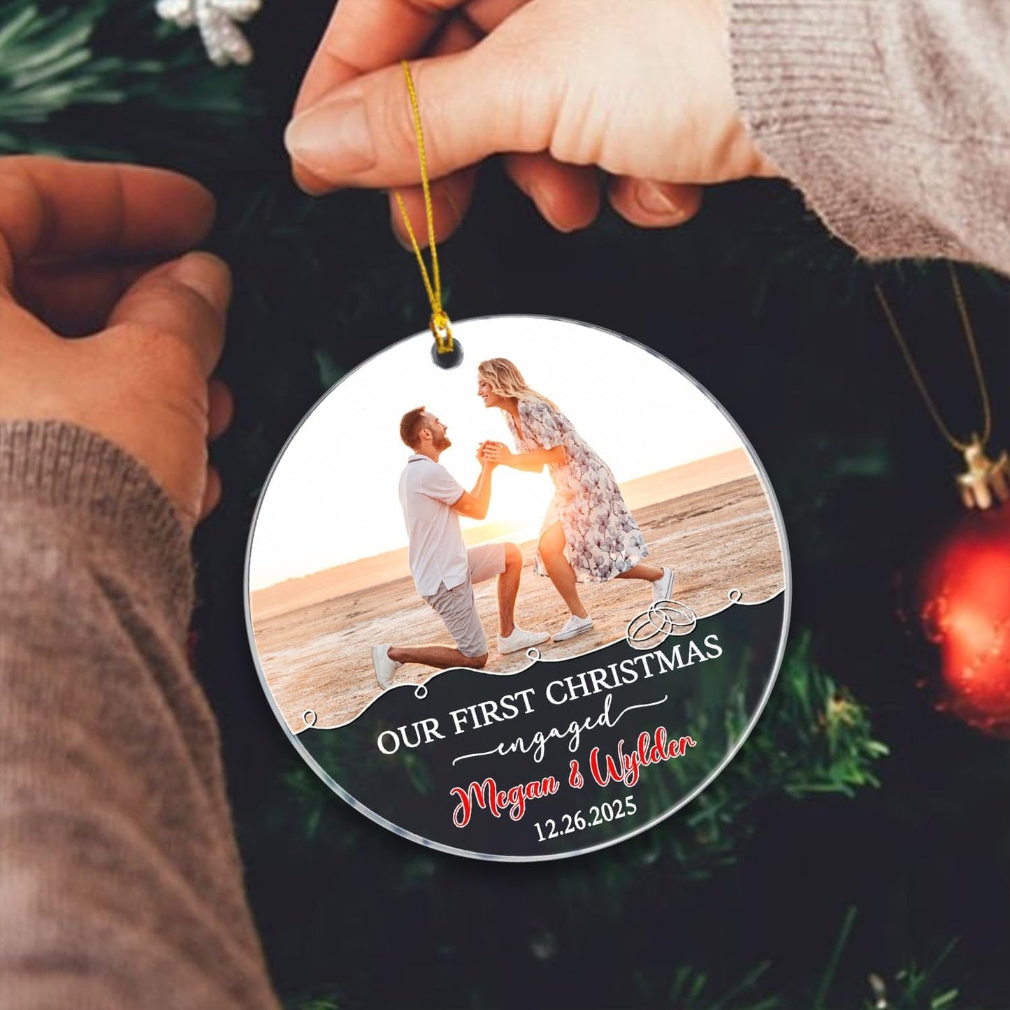 Our First Christmas Engaged Ornament, Customized Name Date & Photo Couple Just Engaged Ornament Gift for Bride to Be/Fiance/Fiancee, Personalized Add Photo Engagement Anniversary Xmas Ornaments