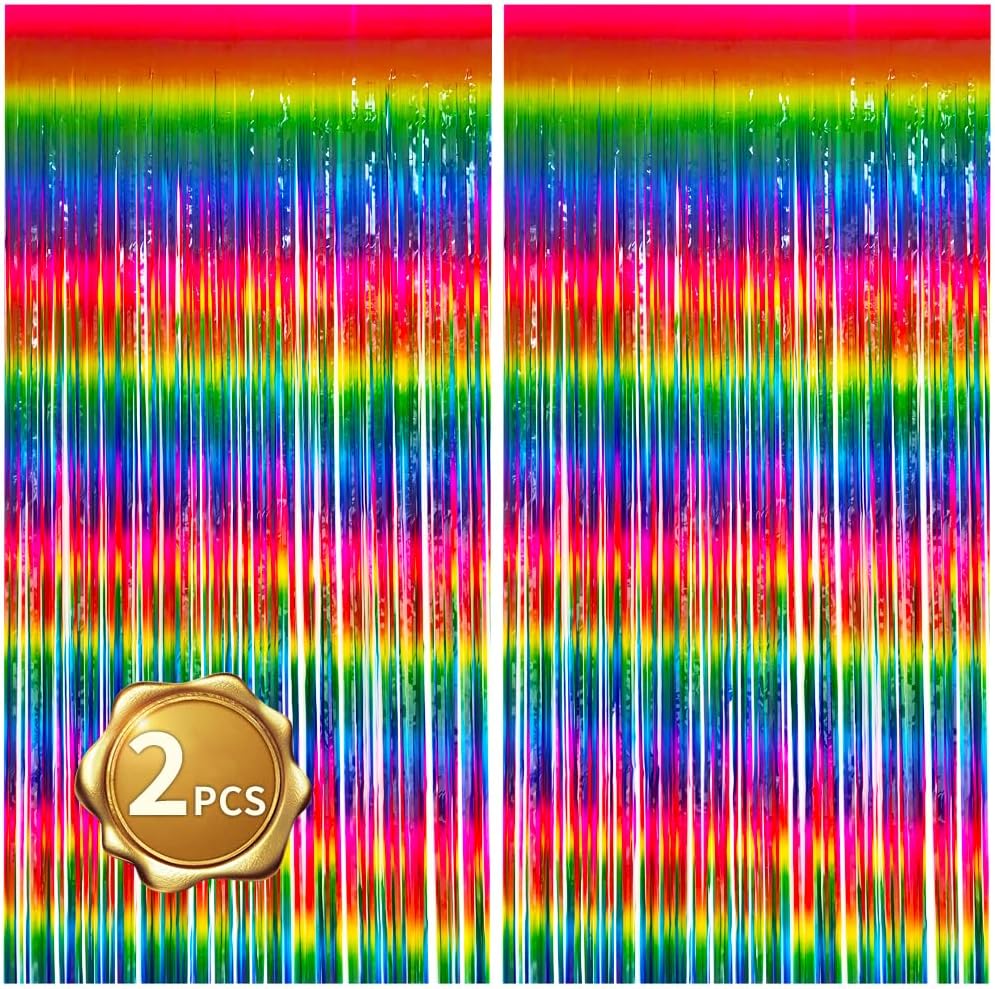 BEISHIDA 2 Pack Dark Rainbow Colorful Foil Fringe Curtain, Assort Color Tinsel Metallic Curtains Photo Backdrop for Birthday Party Wedding Engagement Bridal Shower
