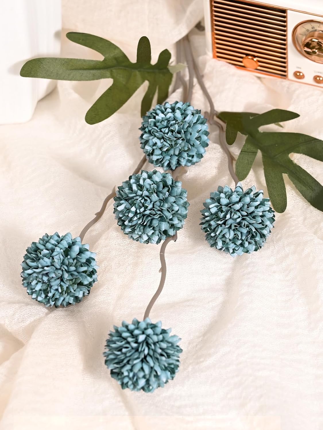 Waipfaru 10pcs Fake Silk Pompon Mum Artificial Flowers, Bulk Faux Mini Chrysanthemums with 2pcs Eucalyptus Stems, for Centerpieces Wedding Fillers Champagne Arrangements Shower Decorations, Blue