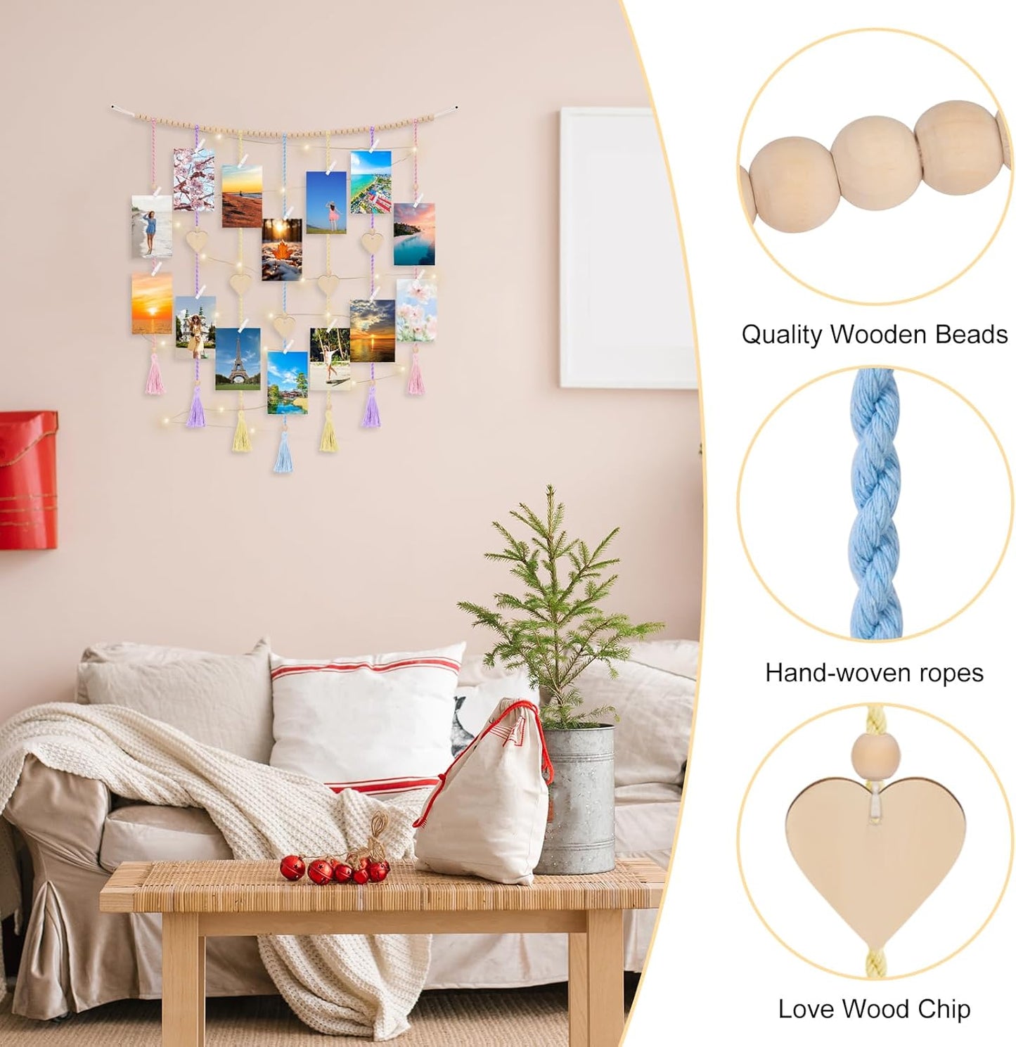 Boho Macrame Wall Decor with Hanging Photo Display and Fairy Lights 14 Wood Clips Picture Frame Holder for Teen Girl Gifts Bedroom Dorm Decor Christmas Birthday Party Art Hanging Decor