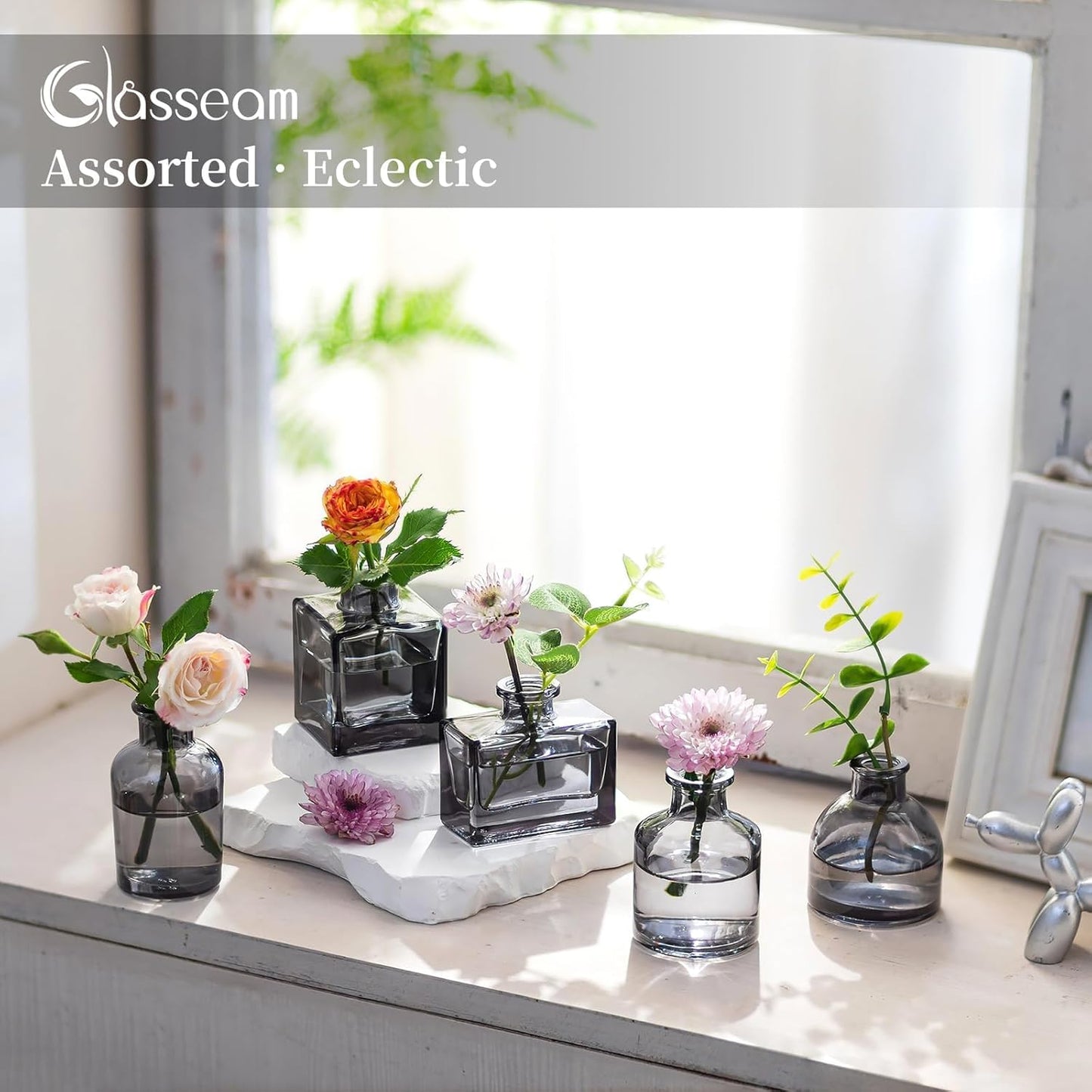 Glasseam Bud Flower Vases in Bulk: 40 Glass Cute Small Vases for Centerpieces Vintage Mini Wedding Birthday Party Table Centerpieces Tiny Baby Shower Dining Room Decoration Black Grey