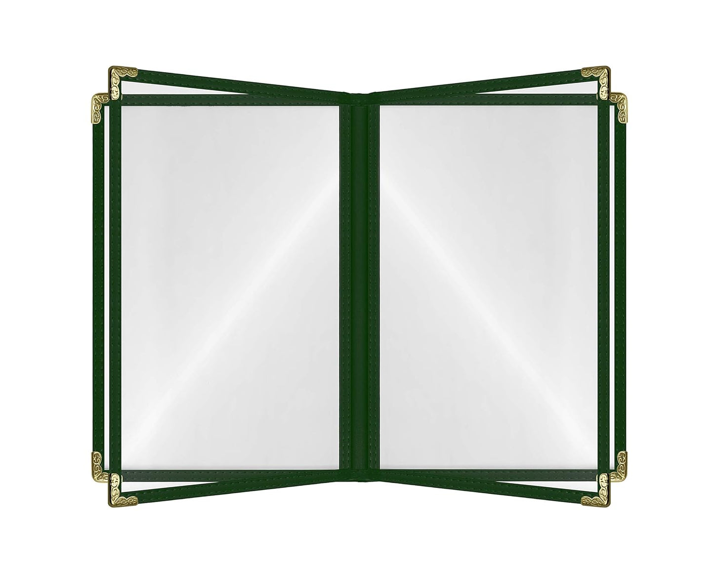 Goodsmart Restaurant Menu Covers – 25 Pack Green 8-View Booklet 8.5" x 14", Side-Loading Vinyl & Plastic Menu Holders, Clear Menu Sleeves, Leather-Style Café Covers with Gold Corners