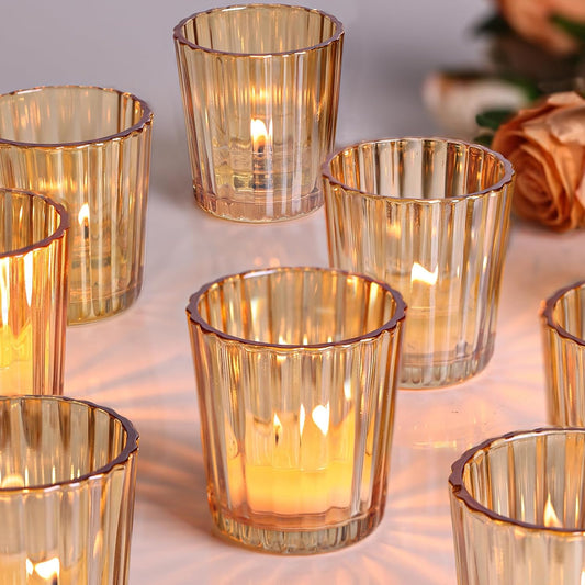 8PCS Vintage Ribbed Gold Votive Candle Holders, Glass Candle Holder for Wedding Decorations, Tealight Candle Holder for Table Centerpiece, Diwali, Home and Party Decorations