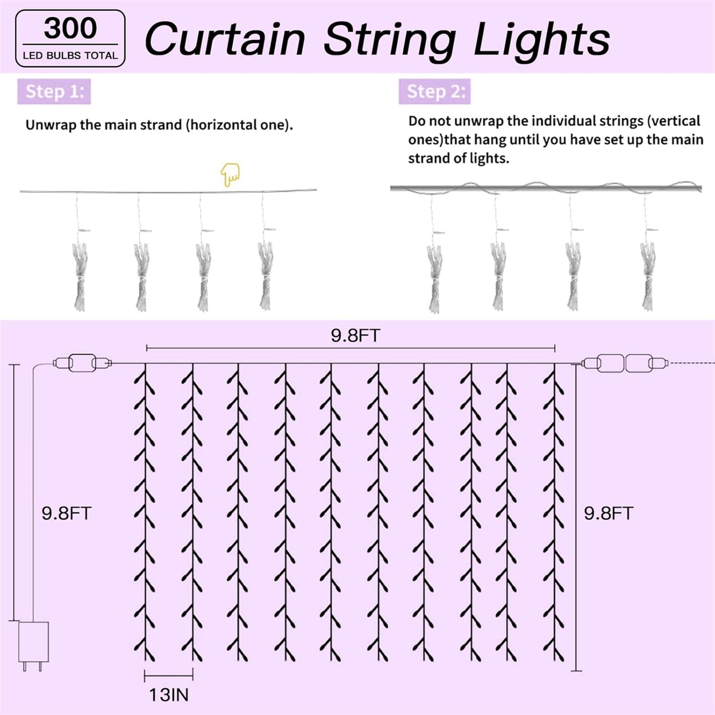 300 LED Rainbow Curtain String Lights 9.8 * 9.8FT Plug in Fairy with Timer and 8 Modes, Waterproof Window Wall Lights for Bedroom Wedding Party Indoor Outdoor Christmas Decor