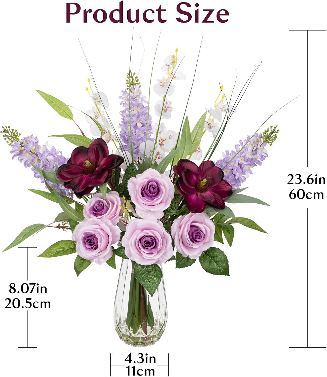 Briful Large Artificial Flowers Floral Arrangement, Mixed Purple Rose, Lilacs, White Orchids Potted Fake Silk Flowers in Clear Vase with Faux Water, Eucalyptus Stem Decor, Elegant Home Office Décor