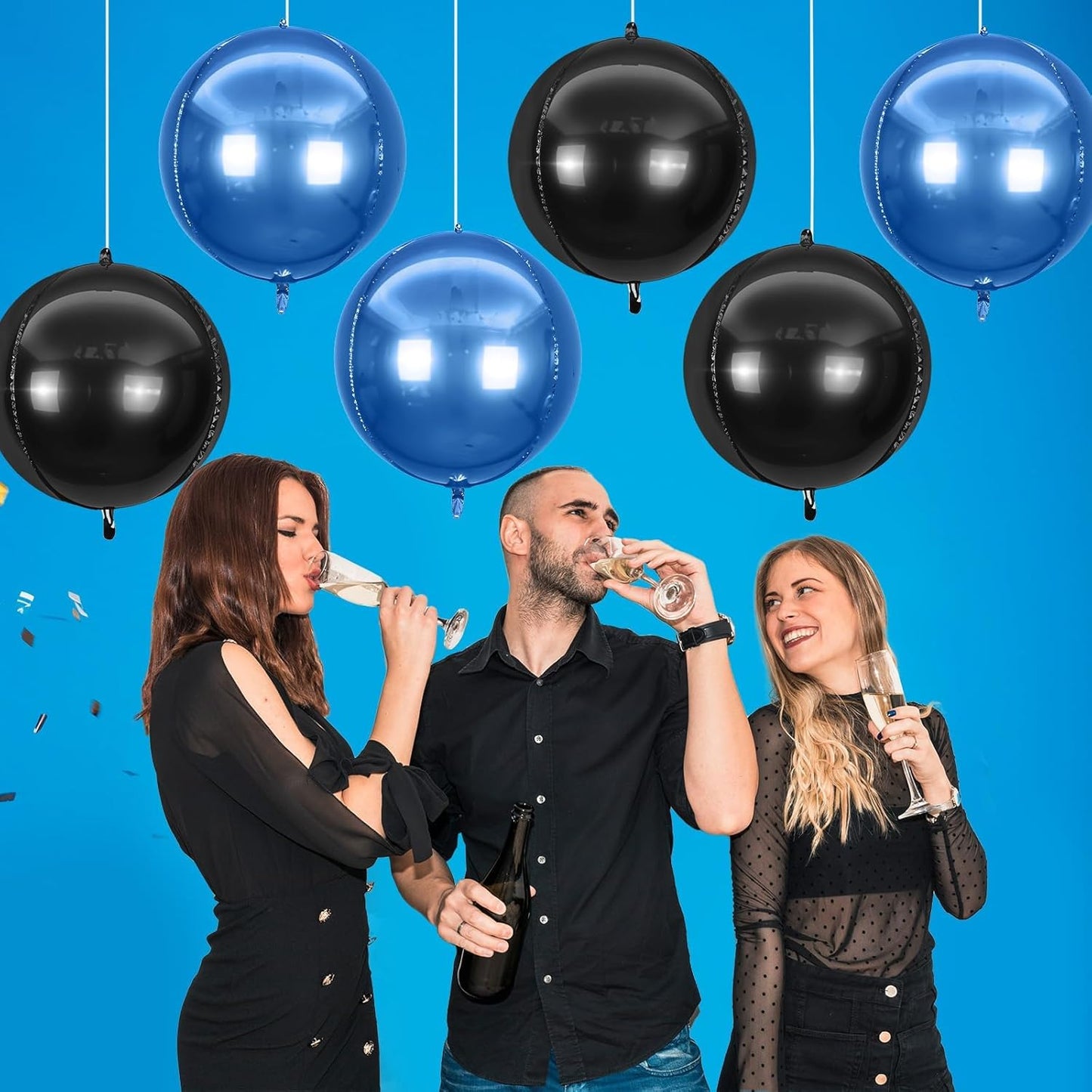 6Pcs Blue Black Round Foil Balloons,Giant 4D Round Ball Balloon,22 Inch Metallic Blue Black Balloons for Birthday Wedding Graduation Prom Party Decorations