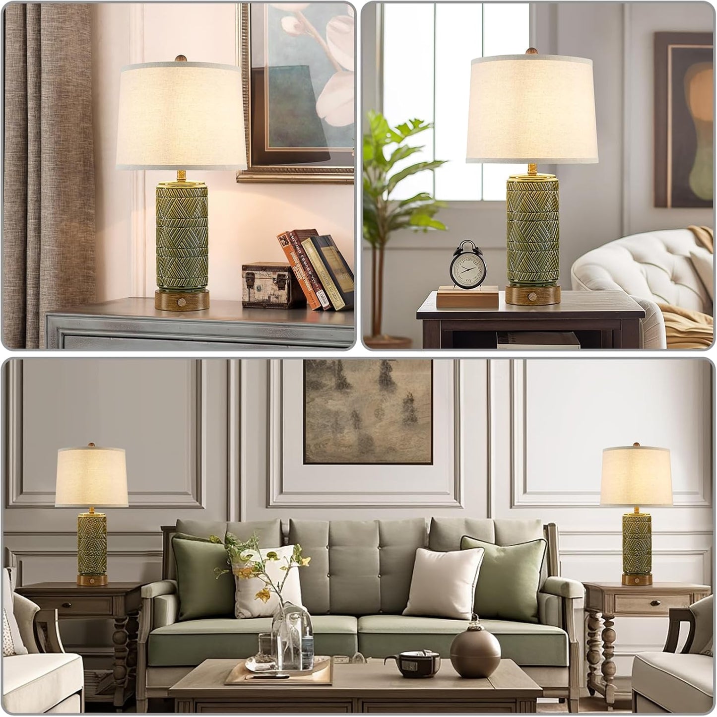 RORIA Set of 2 Retro Touch Table Lamps for Living Room Bedroom, 3 Way Dimmable Nightstand Lamp with 2 USB Port, Farmhouse Rustic Ceramic Desk Lamps for End Table Bedside, LED Bulbs Included