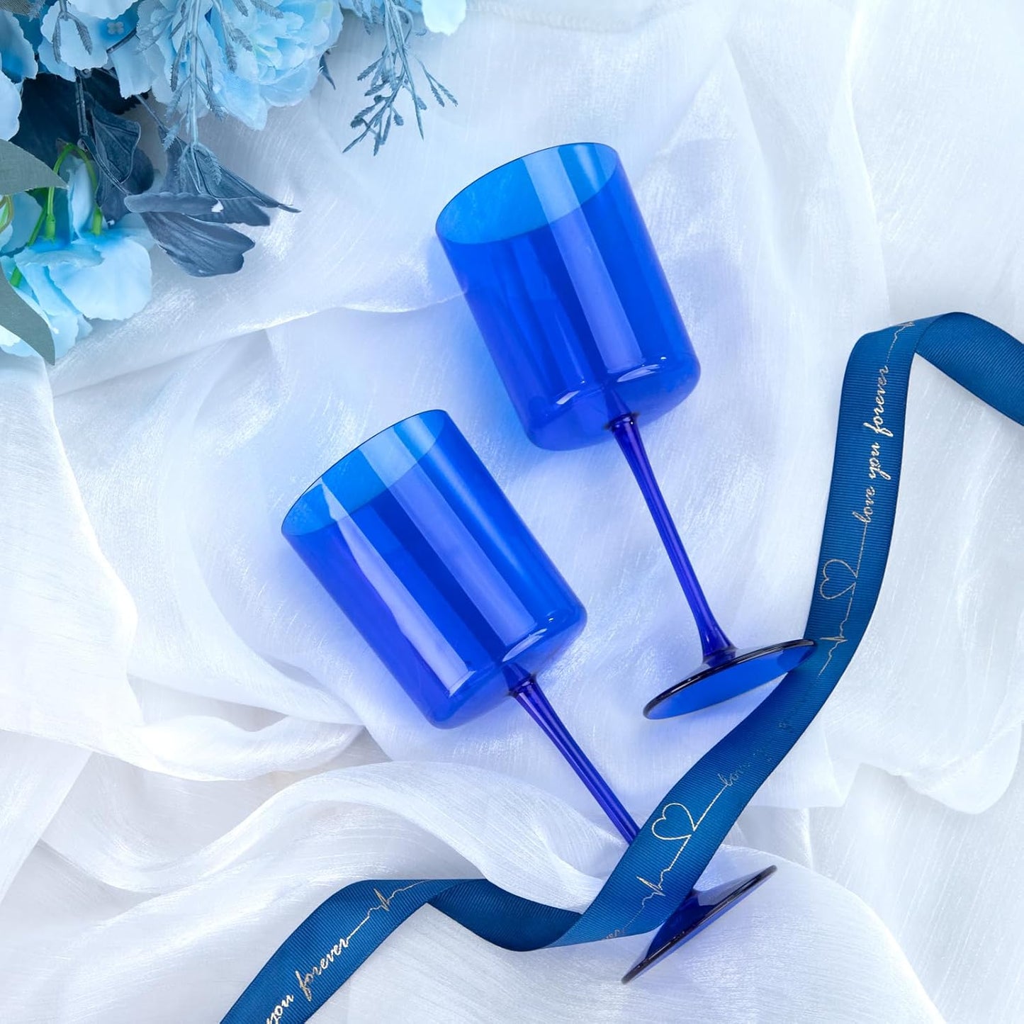 Ciaell 6 Pack Blue 10 Oz Plastic Wine Glasses with Stem - Disposable Wine Glasses for Parties & Weddings & Poolside & Outdoors & Camping