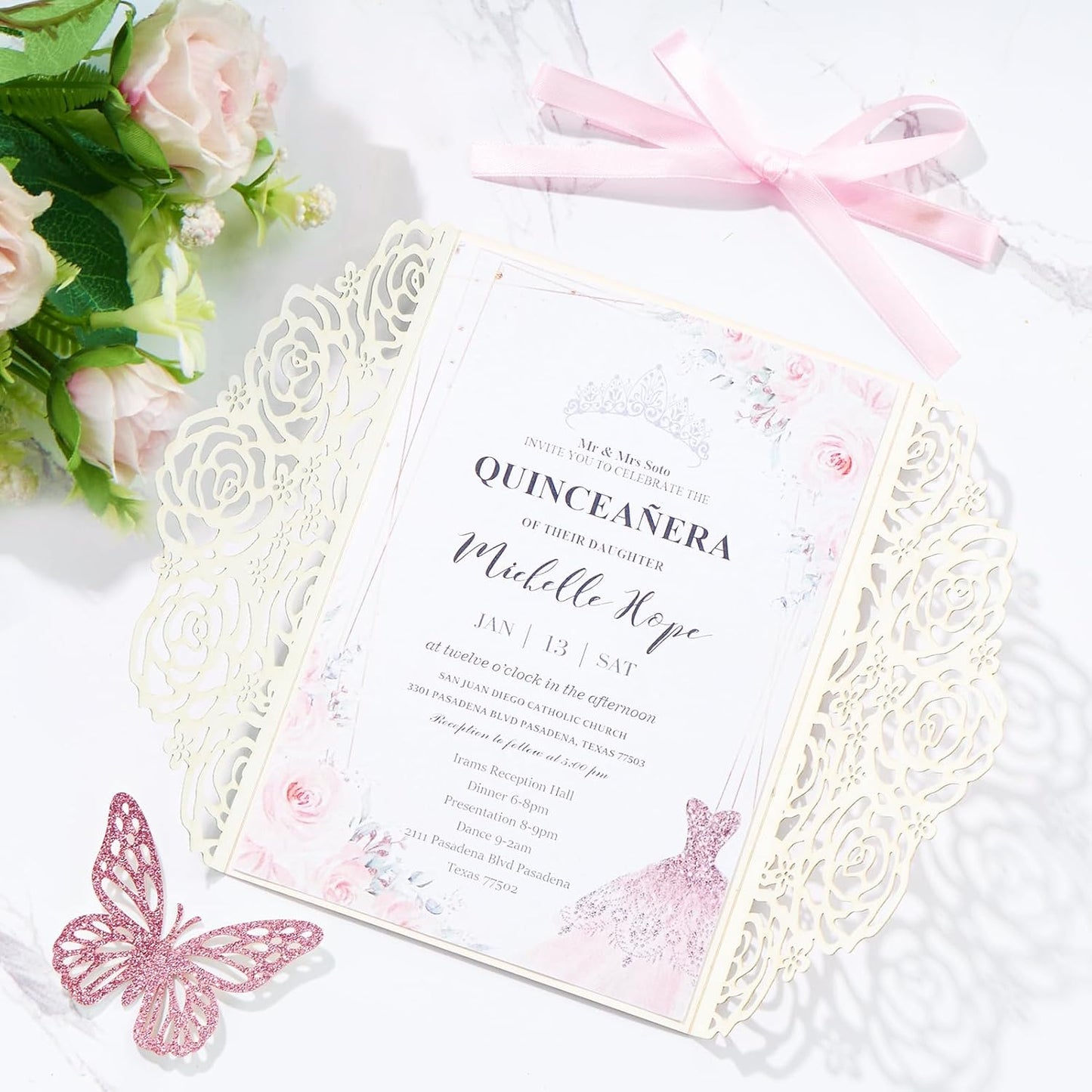 50PCS Pink Wedding Invitations Butterfly Laser Cut Invitation with Envelopes and Rsvp Card Personalized Inner Sheets for Wedding Bridal Baby Shower QuinceañEra Engagement Birthday