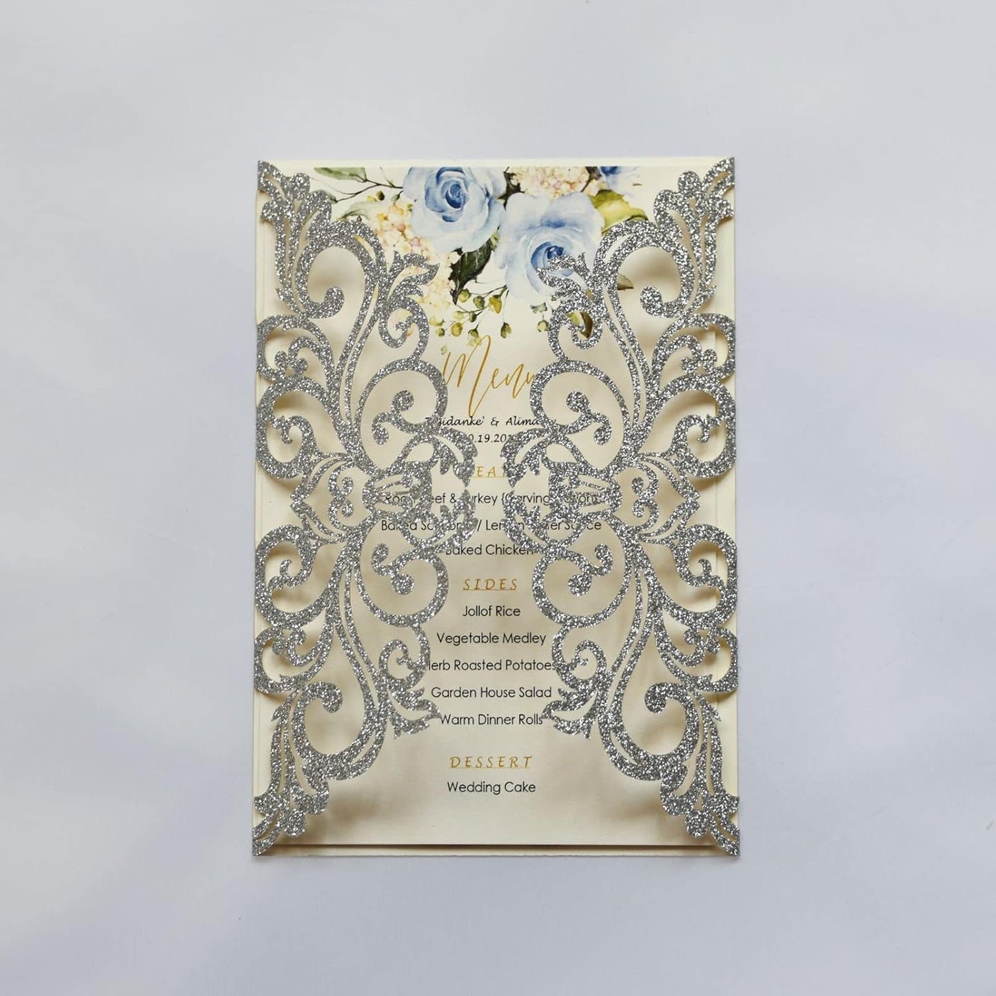 25PCS Silver Glitter Laser Cut Wedding Invitations Cards with Envelopes,Blank Inner Sheets,Ribbons for Wedding Bridal Shower Quinceañera Engagement Birthday Invites