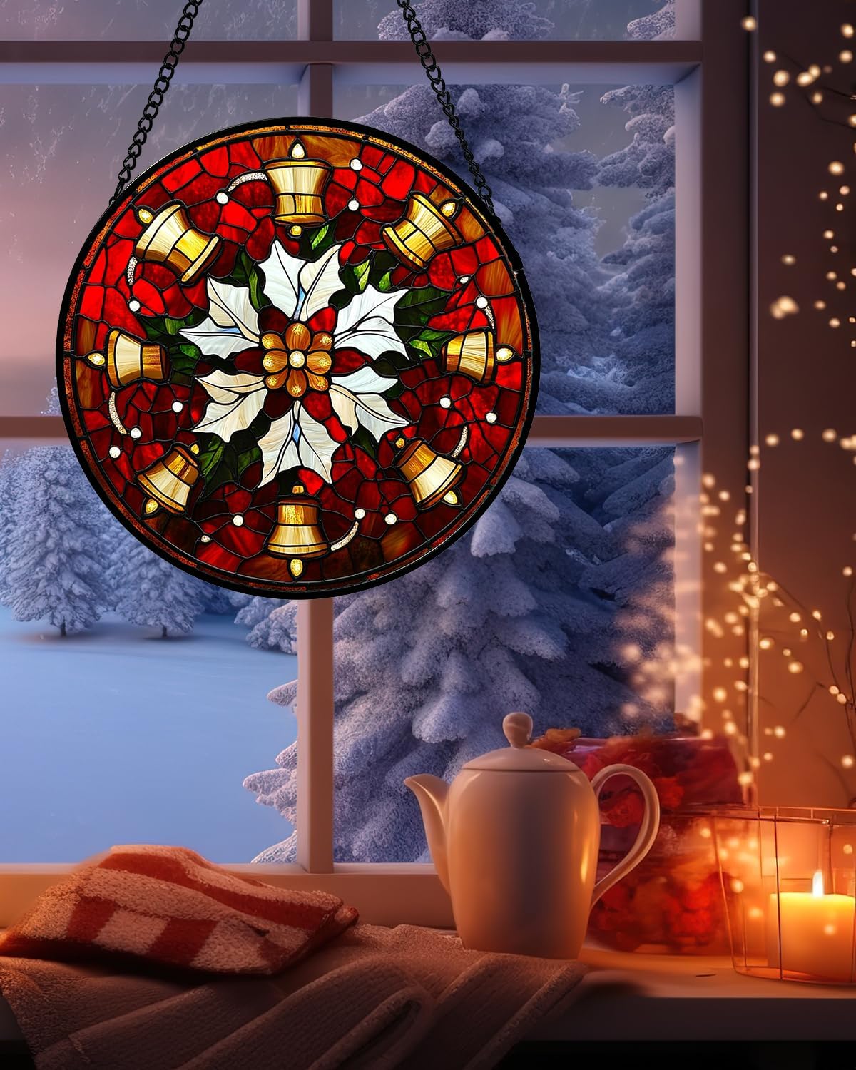 Stained Glass Window Hanging - Golden Bells Flowers Suncatcher for Doors Home Christmas Decoration Winter Sun Catcher Thanksgiving New Year Birthday Gift for Friend Women Men Mom Nana 9.8 in