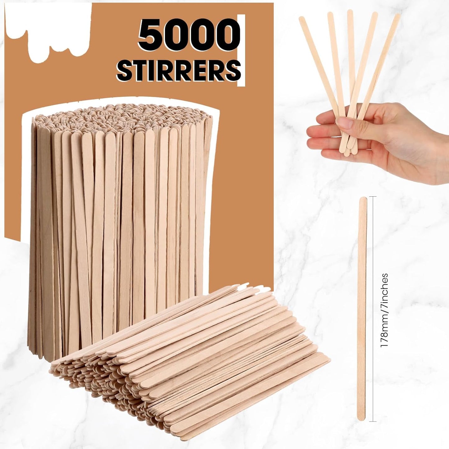 Meanplan 5000 Pcs Wooden Coffee Stirrers Disposable Stir Sticks Birch Wood Coffee Stirring Sticks Bar Long Cocktail Drink Stirrers with Round Ends for Hot Chocolate Tea Beverages (7 Inch)